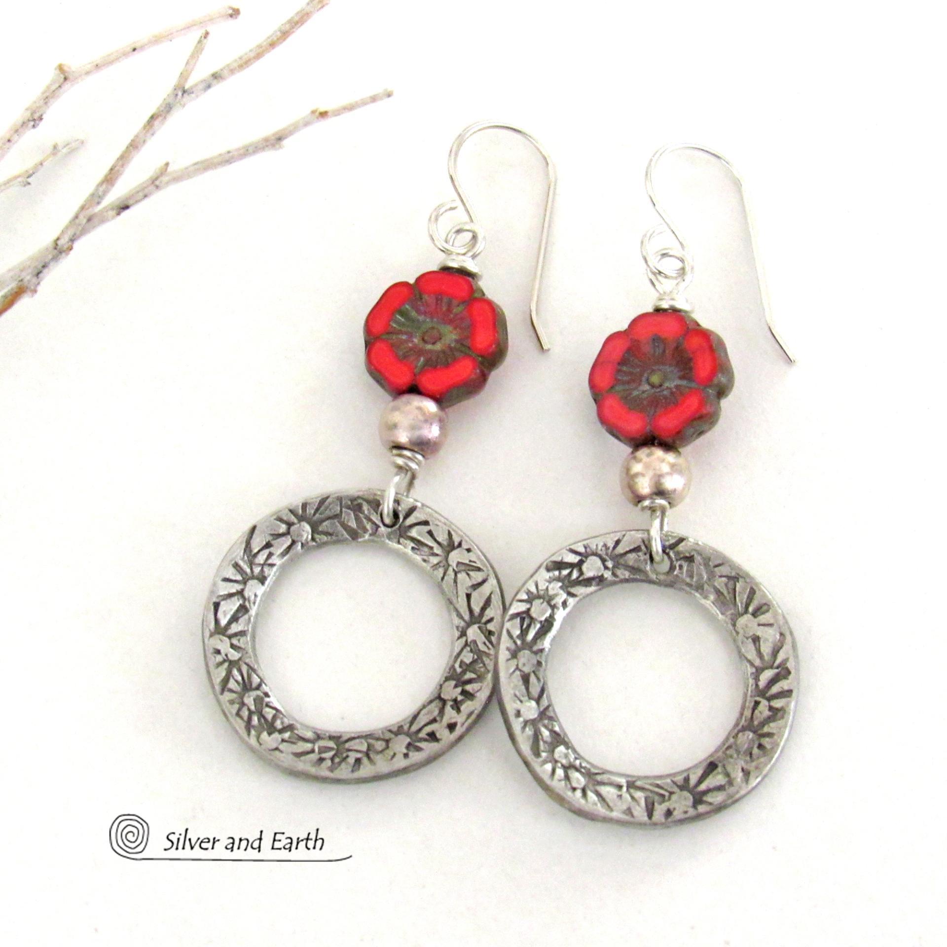 Red Glass Flower Earrings with Pewter Circle Hoop Dangles - Unique Nature Jewelry Gifts for Women