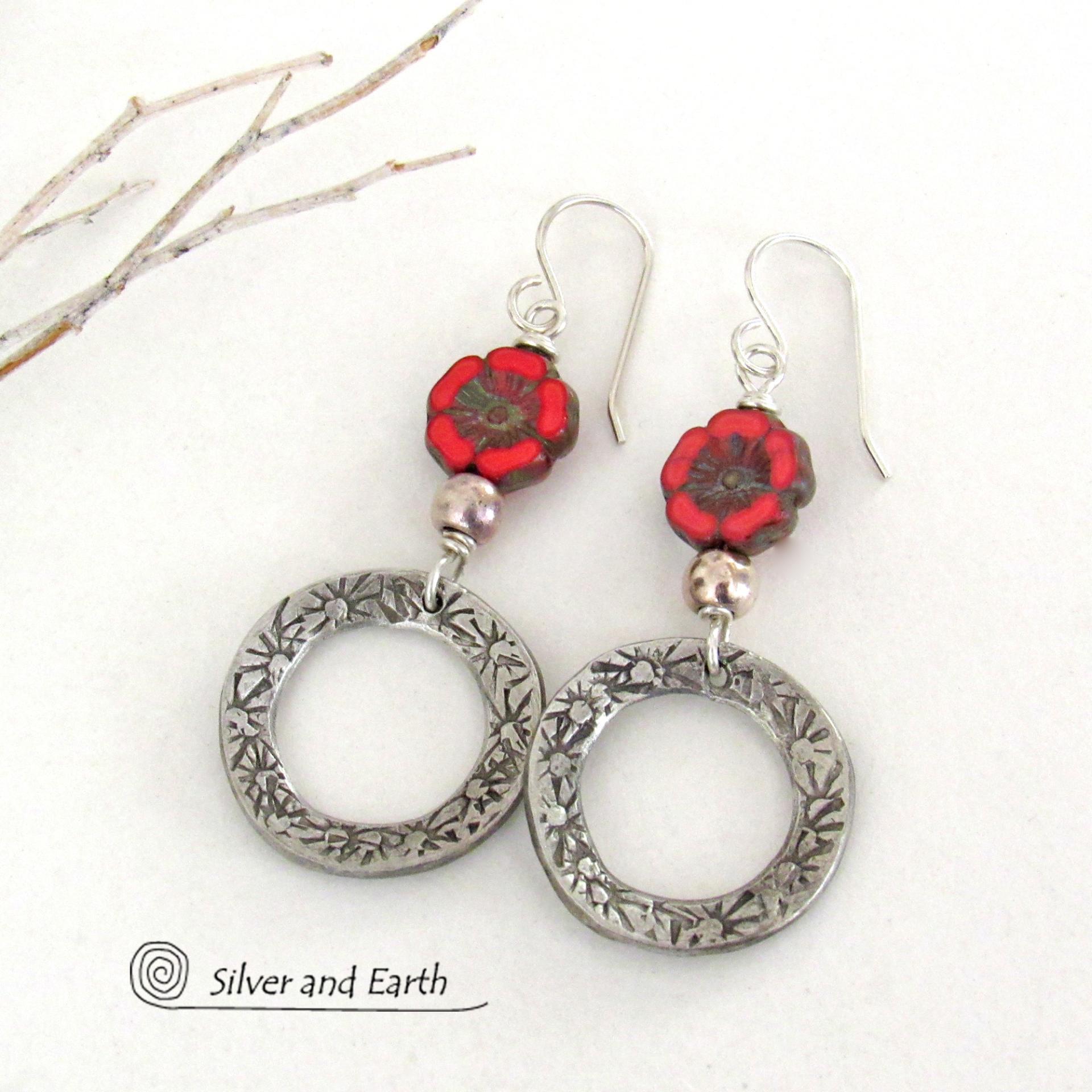 Red Glass Flower Earrings with Pewter Circle Hoop Dangles - Unique Nature Jewelry Gifts for Women