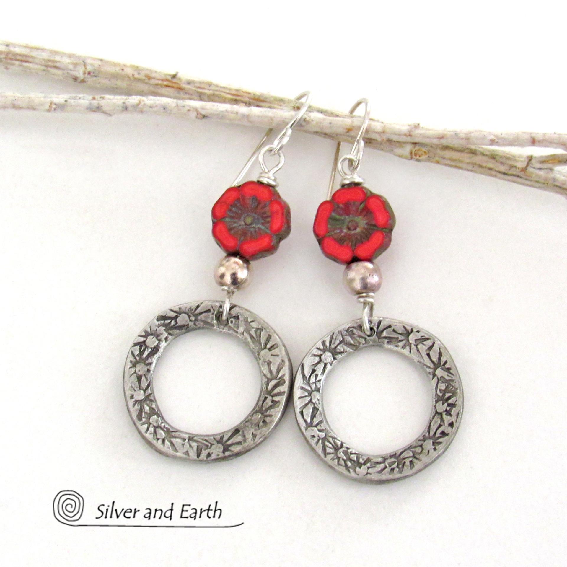 Red Glass Flower Earrings with Pewter Circle Hoop Dangles - Unique Nature Jewelry Gifts for Women