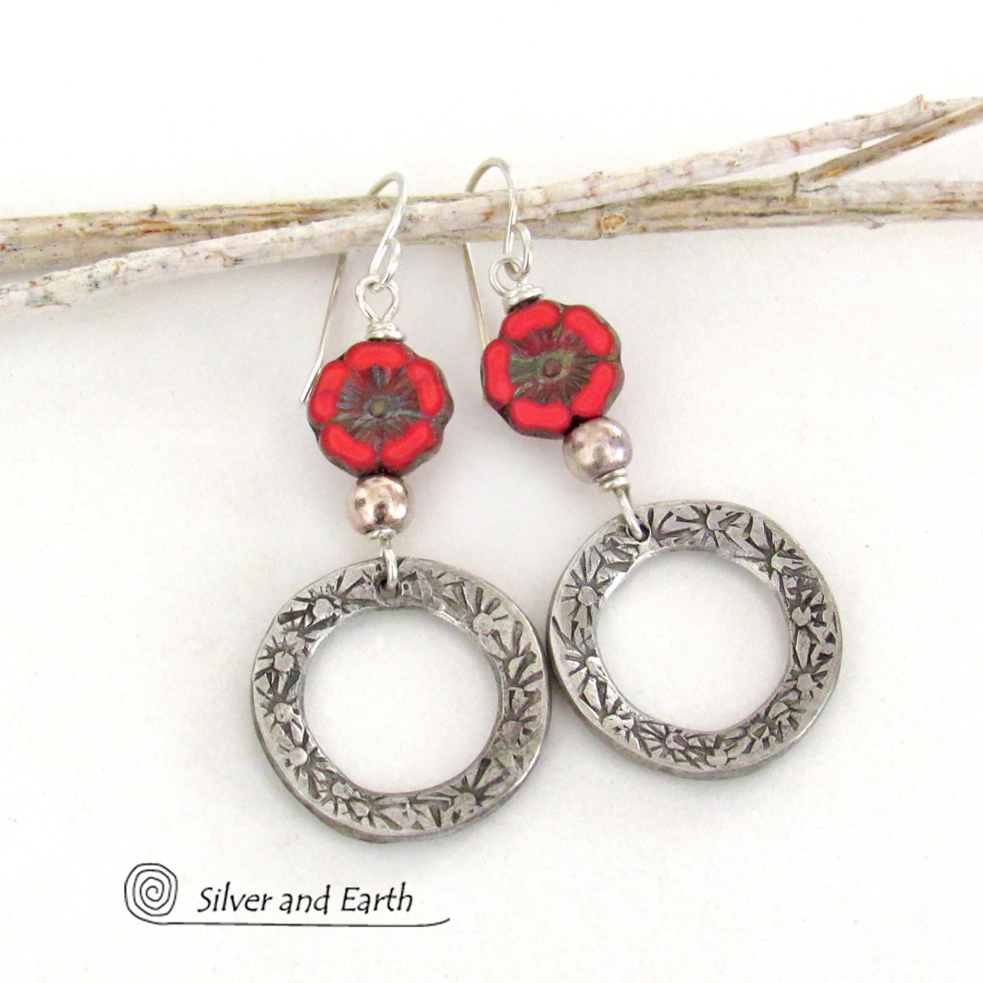 Red Glass Flower Earrings with Pewter Circle Hoop Dangles - Unique Nature Jewelry Gifts for Women