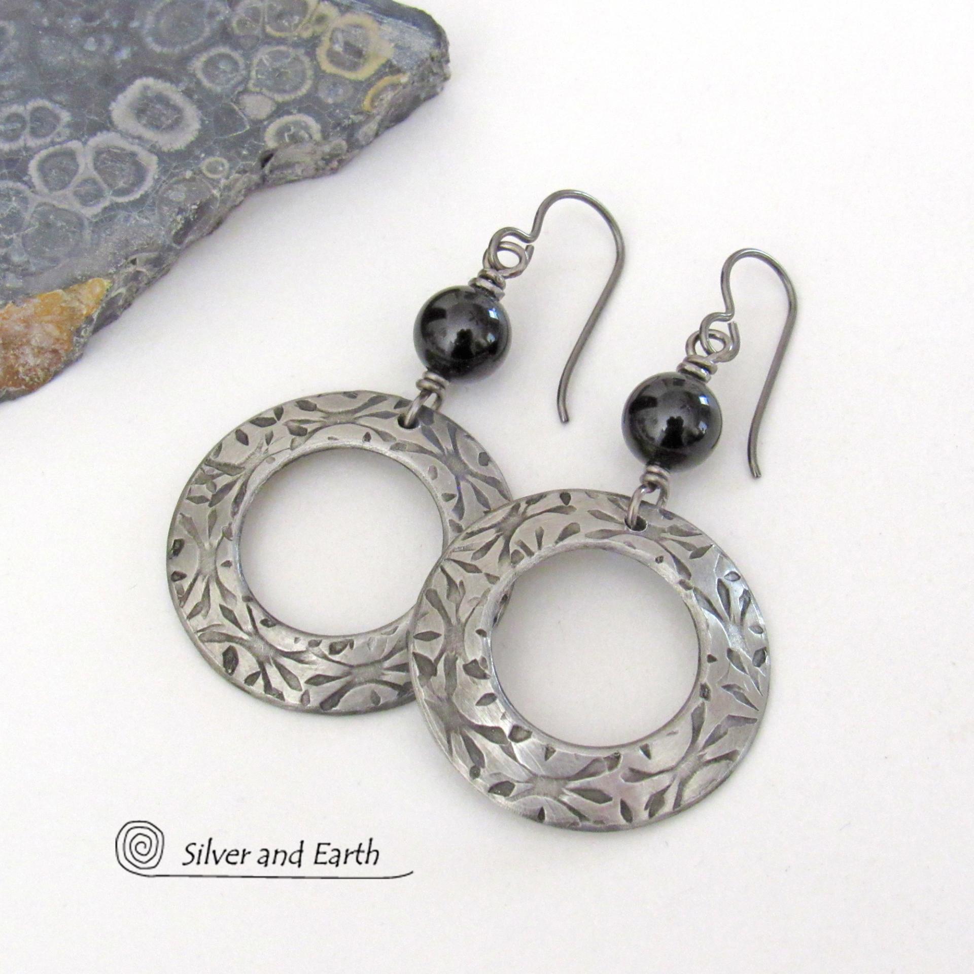 Silver Pewter Circle Hoop Earrings with Black Onyx Gemstones - Artisan Handcrafted Modern Chic Jewelry