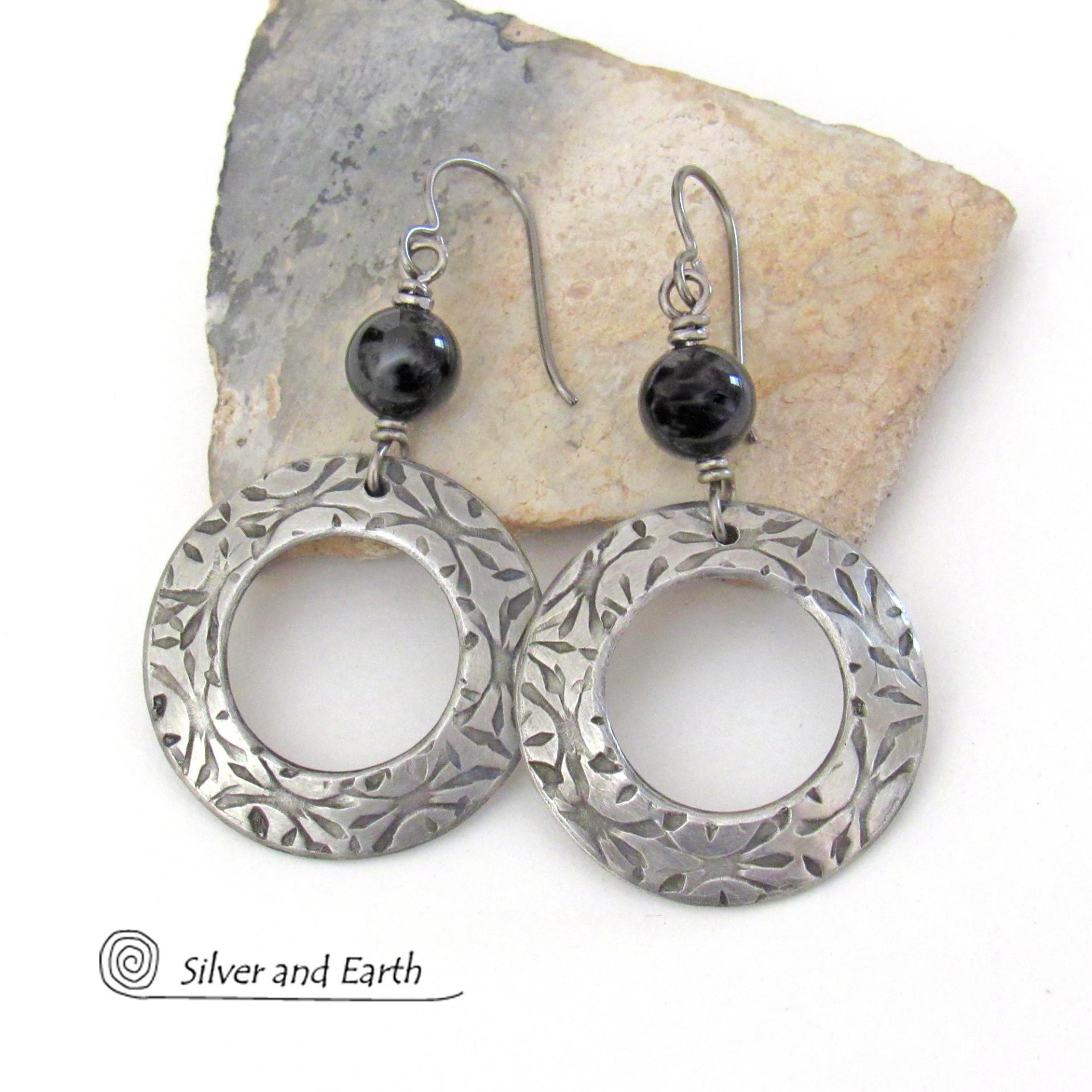 Silver Pewter Circle Hoop Earrings with Black Onyx Gemstones - Artisan Handcrafted Modern Chic Jewelry