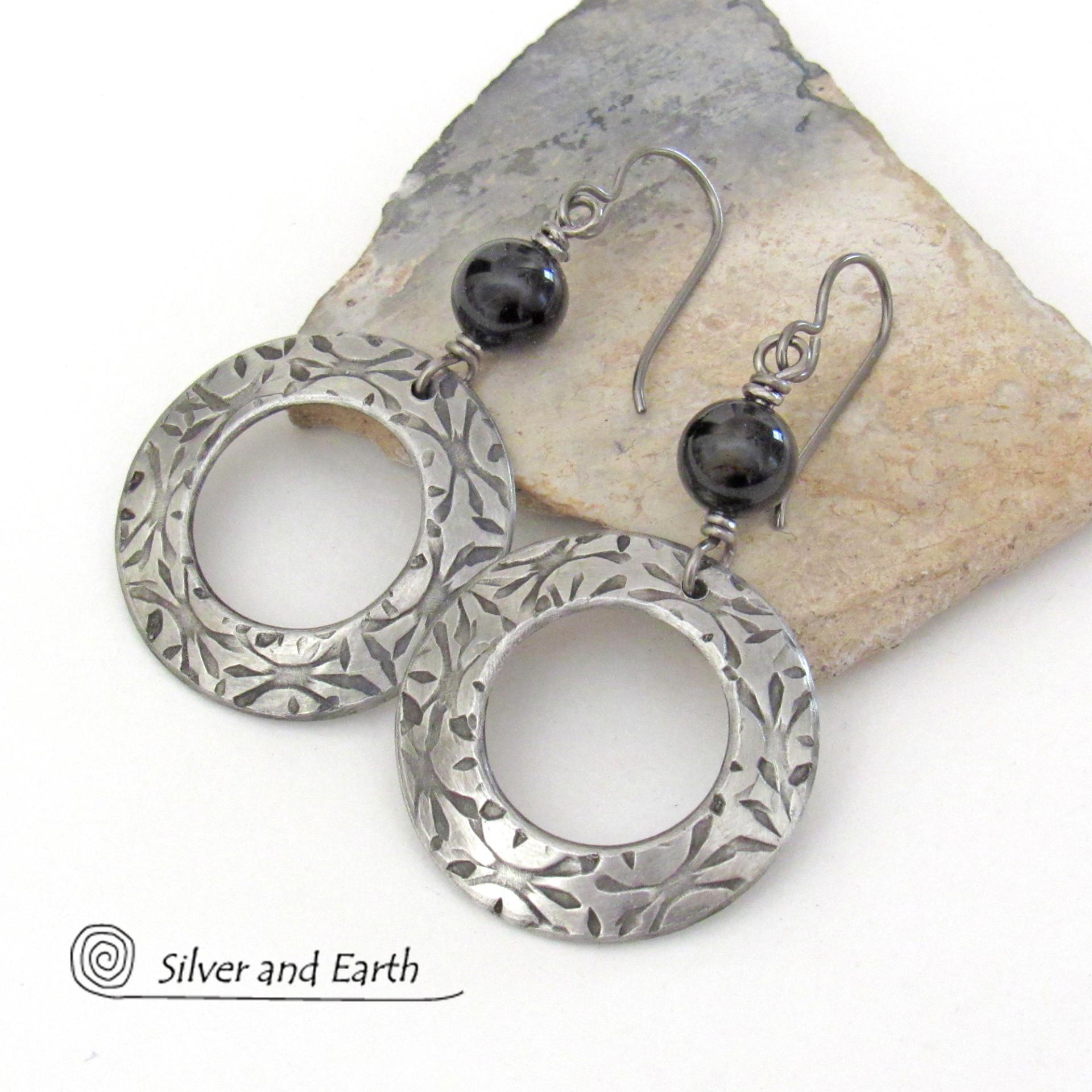 Silver Pewter Circle Hoop Earrings with Black Onyx Gemstones - Artisan Handcrafted Modern Chic Jewelry