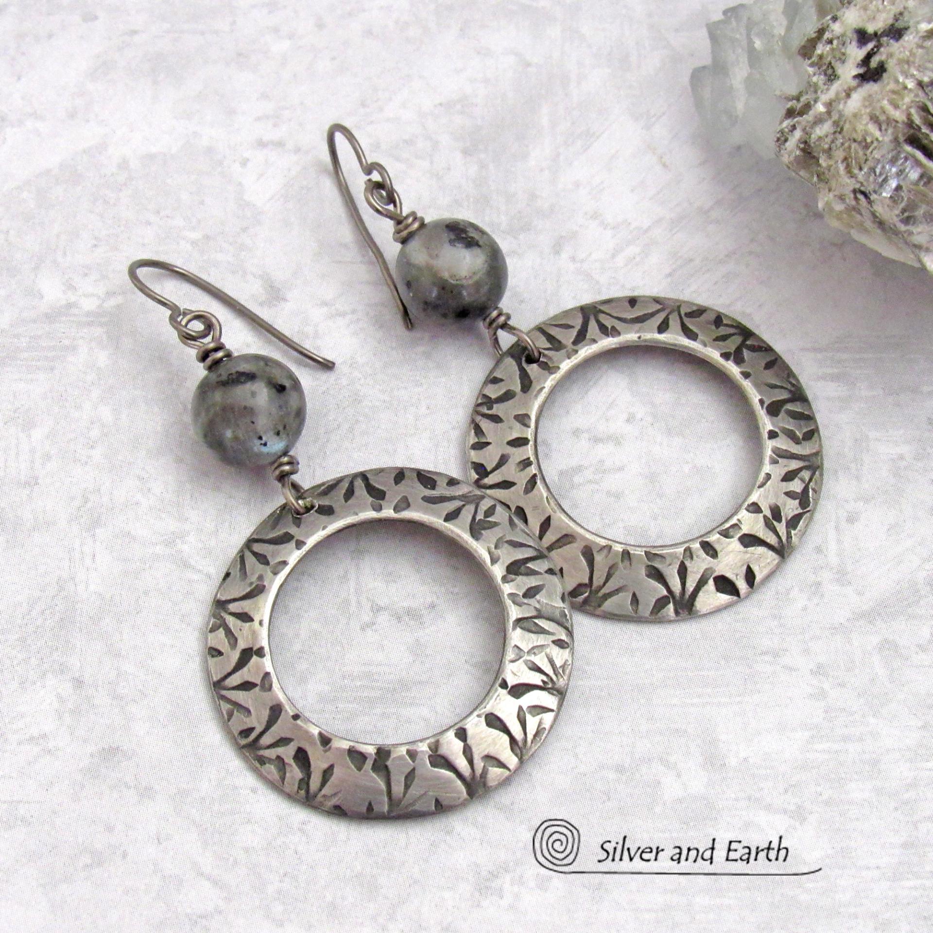 Big Round Silver Pewter Hoop Earrings with Larvikite Gemstones - Black Labradorite Norwegian Moonstone Jewelry