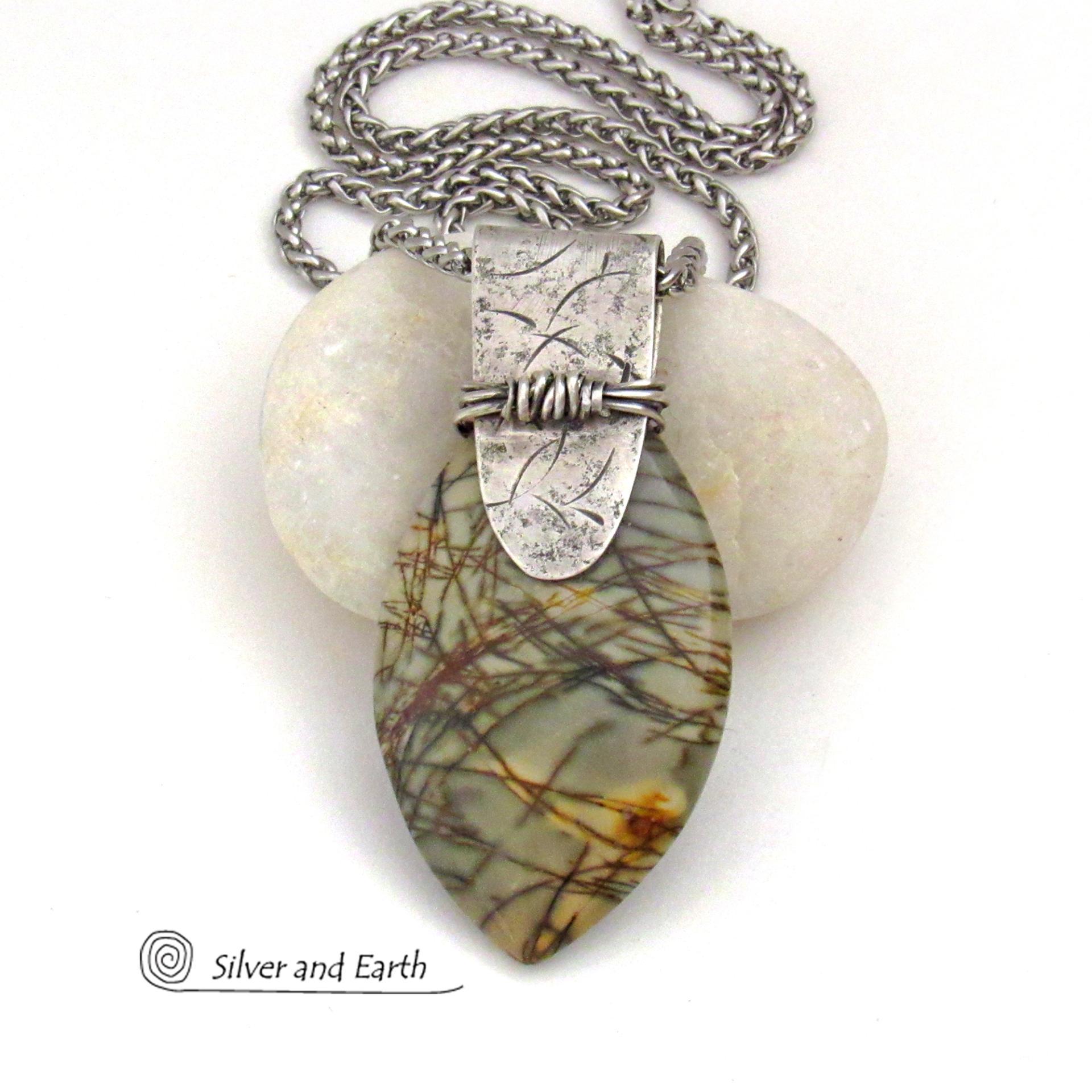 Picasso Jasper Sterling Silver Pendant Necklace - Unique Handcrafted Earthy Natural Gemstone Jewelry