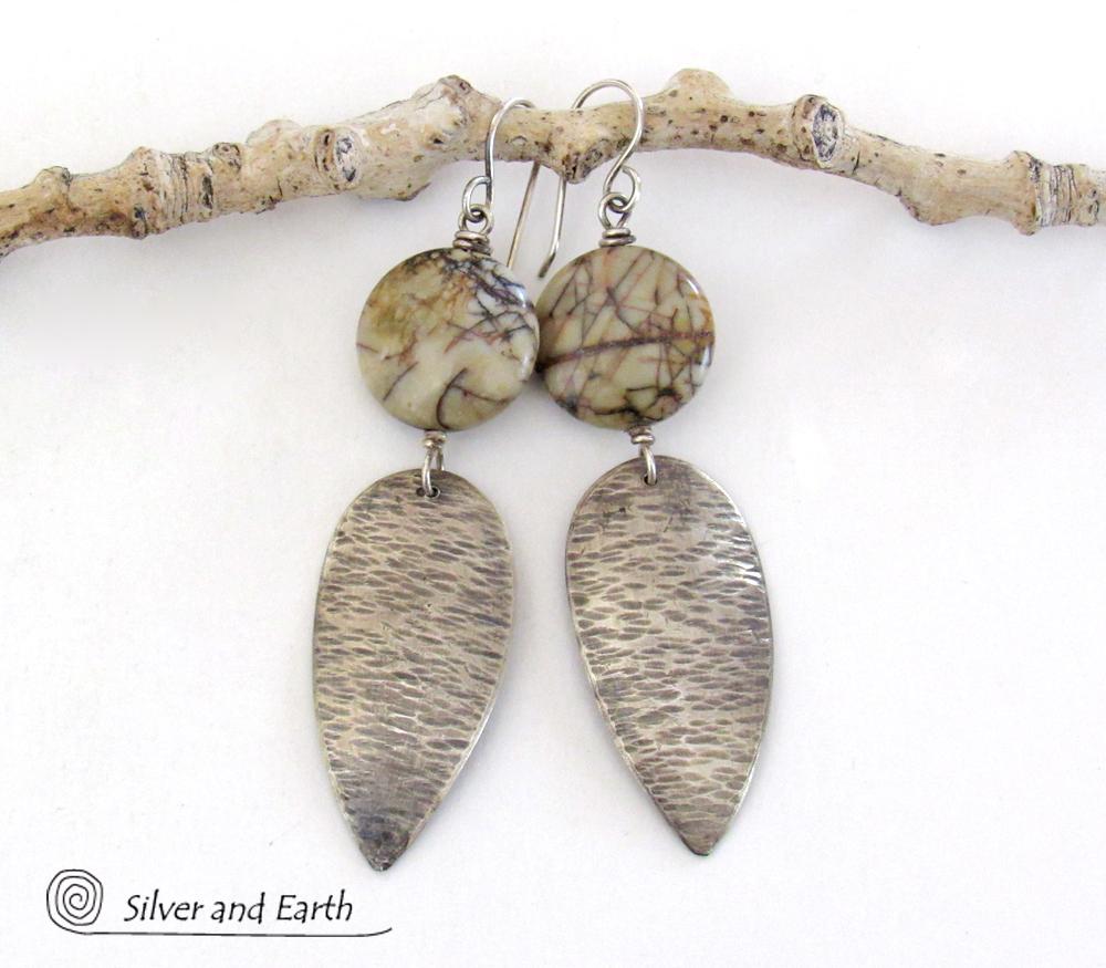 Long Textured Sterling Silver Dangle Earrings with Natural Picasso Jasper Stones