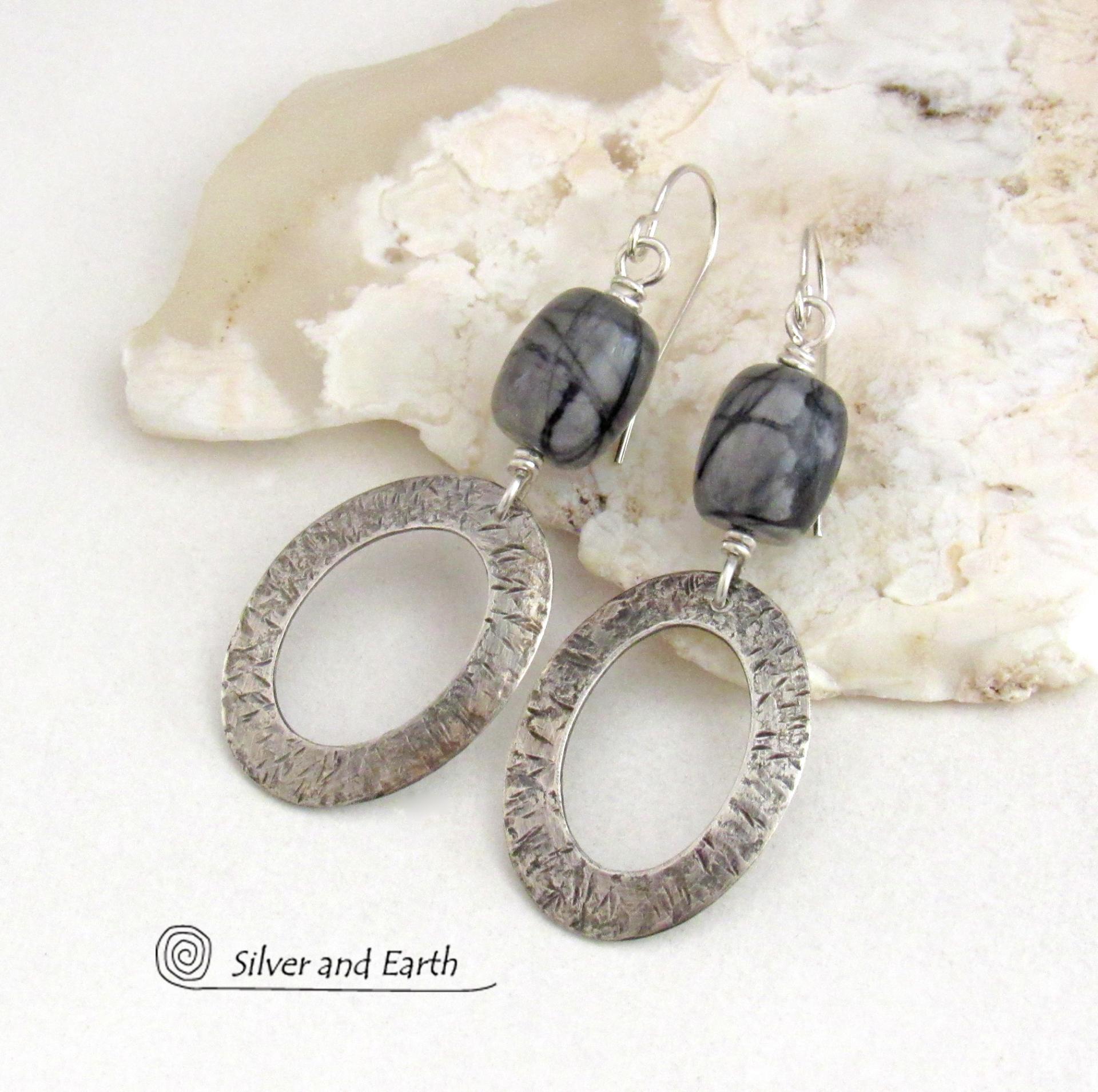 Sterling Silver Dangle Earrings with Grey Black Picasso Marble Gemstones - Artisan Handmade Earthy Natural Stone Jewelry