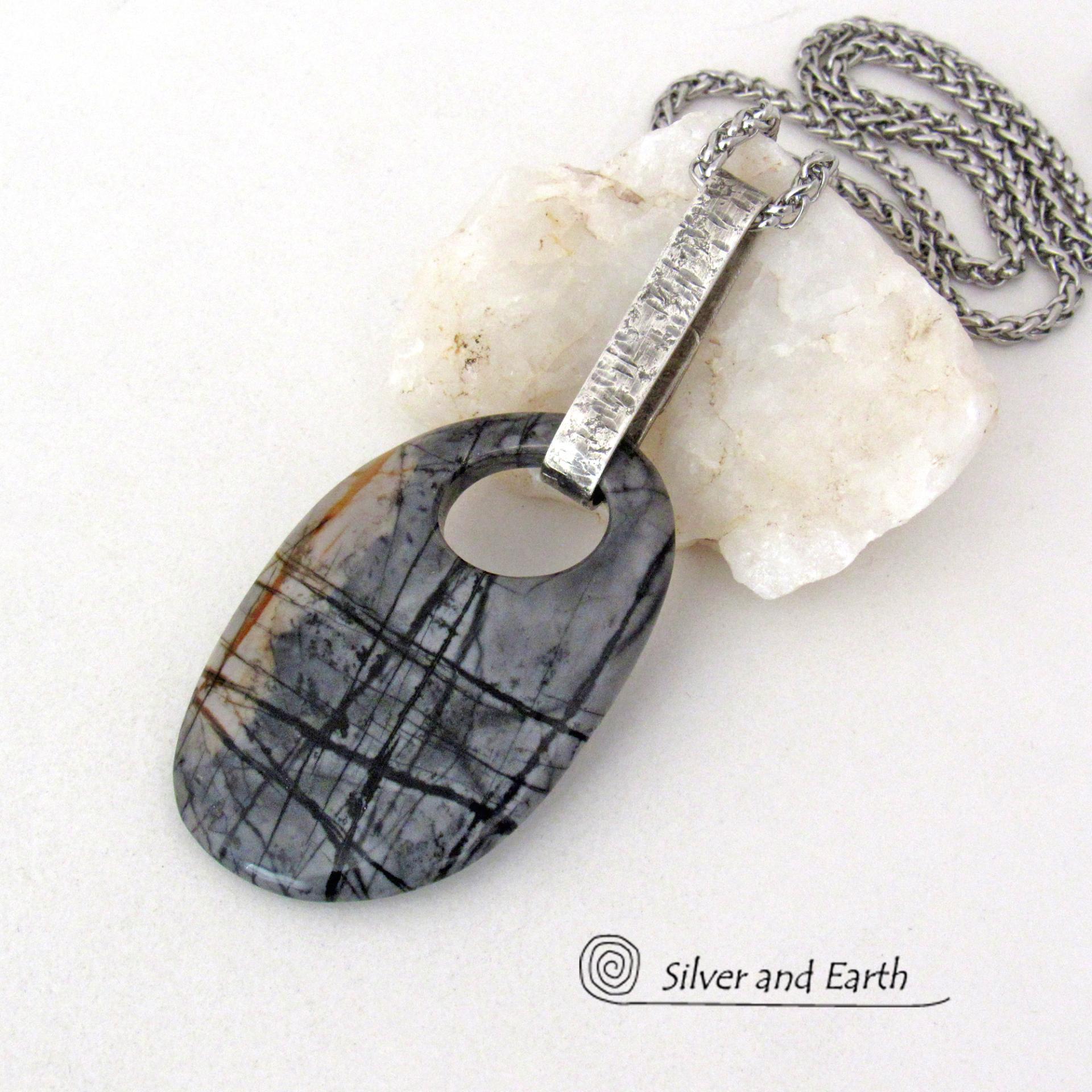 Picasso Marble Gemstone Sterling Silver Pendant Necklace - One of a Kind Earthy Natural Stone Jewelry
