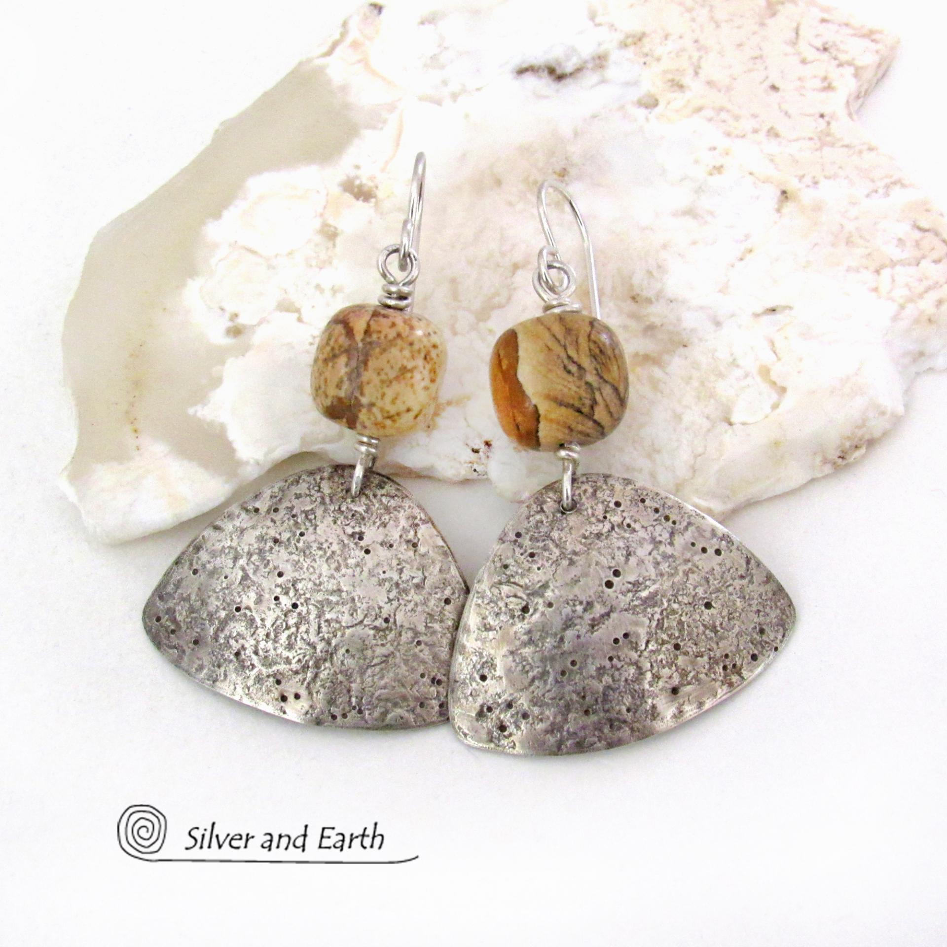 Textured Sterling Silver Dangle Earrings with Picture Jasper Stones