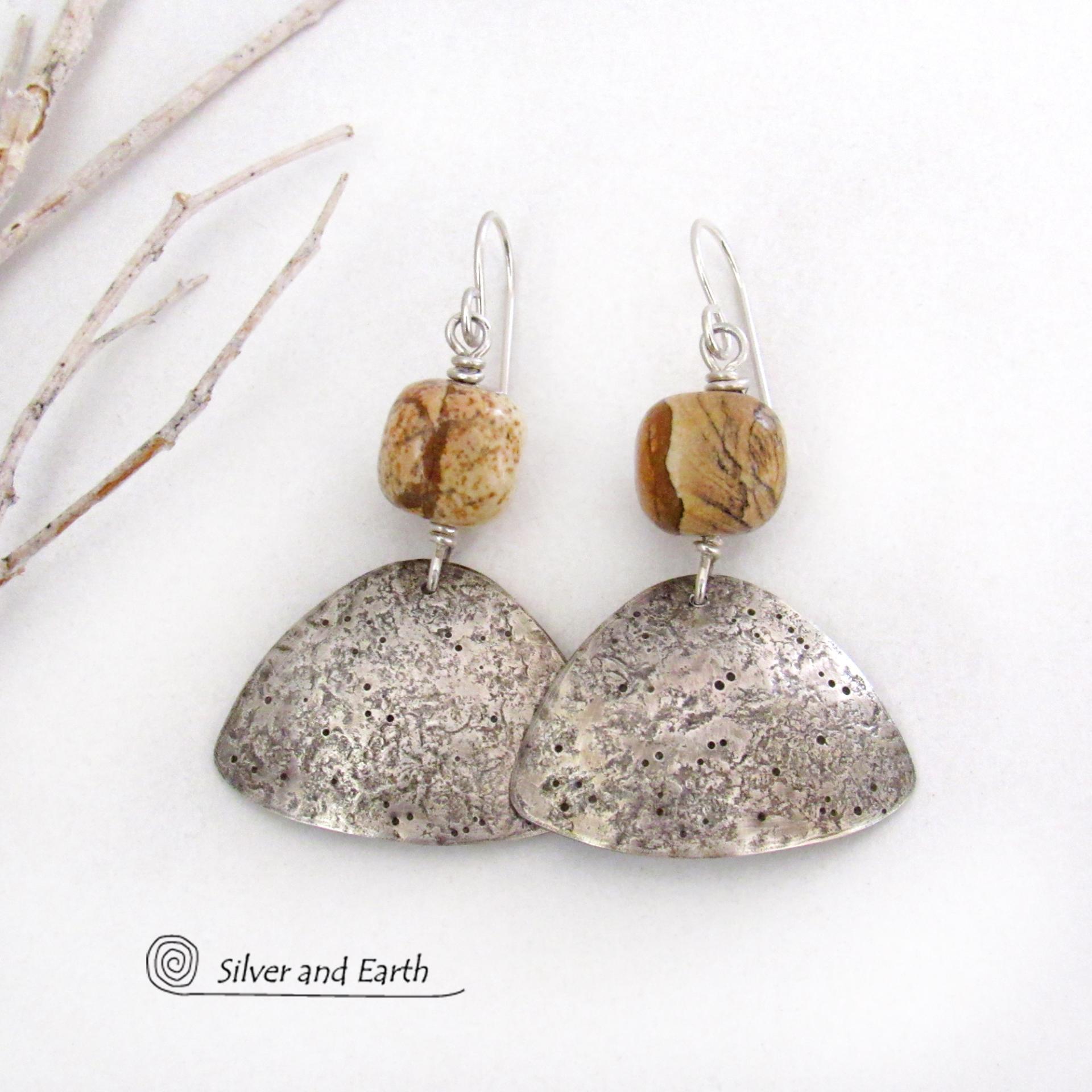 Textured Sterling Silver Dangle Earrings with Picture Jasper Stones