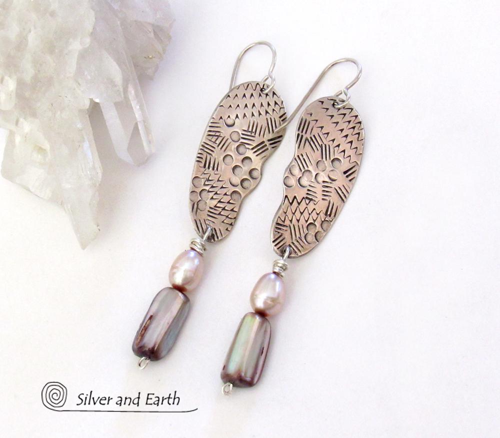 Textured Sterling Silver Earrings with Pink Abalone & Freshwater Pearls - Bold Unique Modern Sterling Silver Jewelry