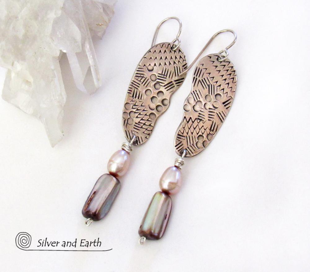 Textured Sterling Silver Earrings with Pink Abalone & Freshwater Pearls - Bold Unique Modern Sterling Silver Jewelry