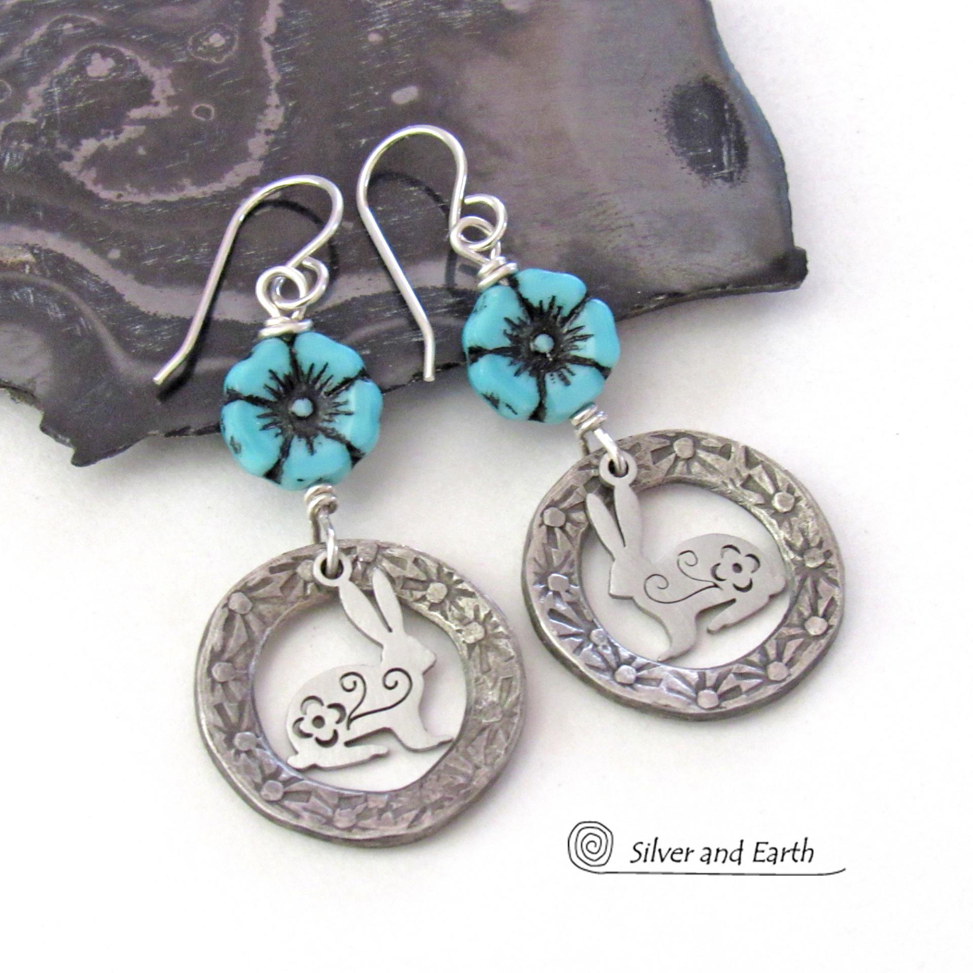 Silver Pewter Circle Hoop Earrings with Blue Flower Beads and Bunny Rabbit Charms - Unique Jewelry Gifts for Flower, Nature & Rabbit Lovers