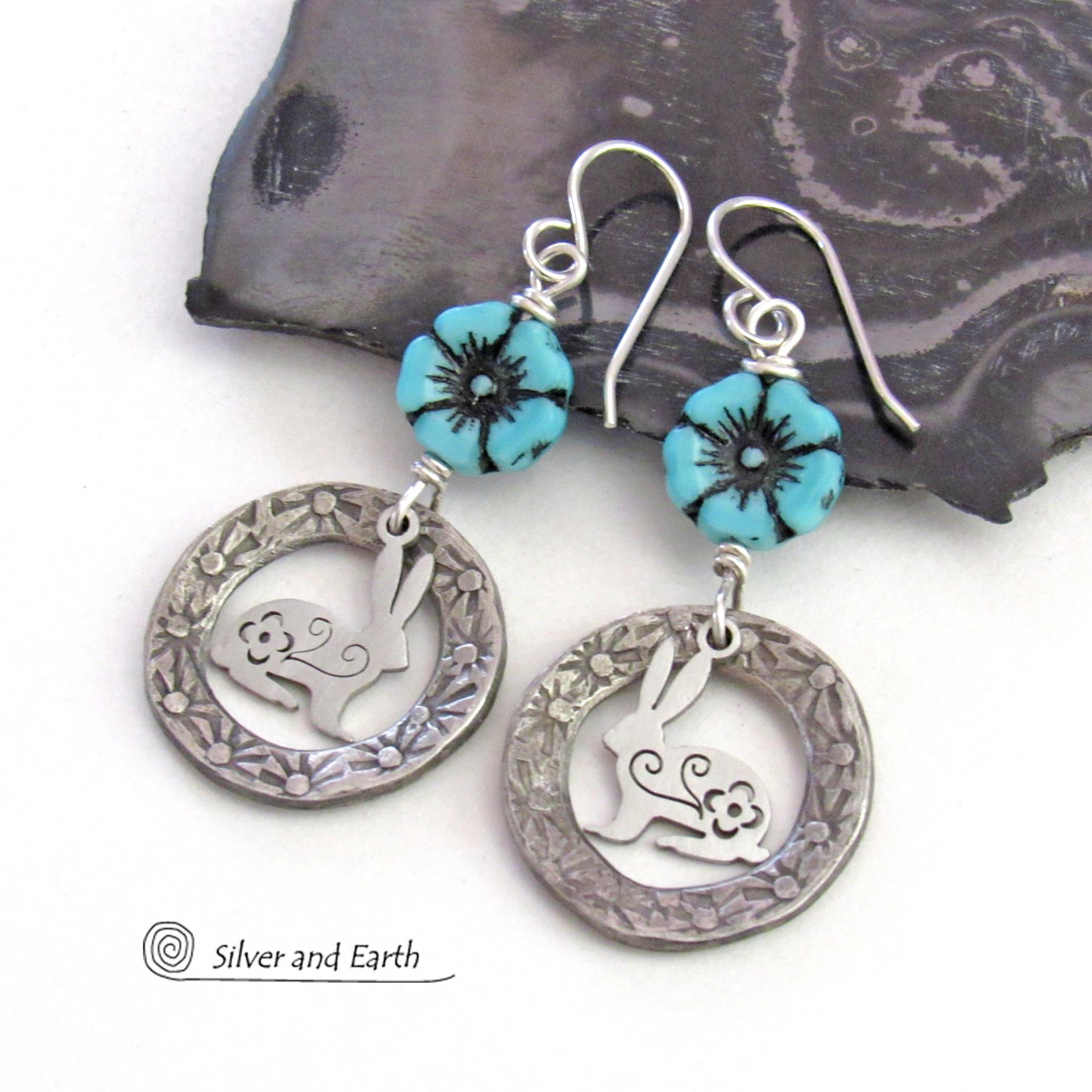 Silver Pewter Circle Hoop Earrings with Blue Flower Beads and Bunny Rabbit Charms - Unique Jewelry Gifts for Flower, Nature & Rabbit Lovers