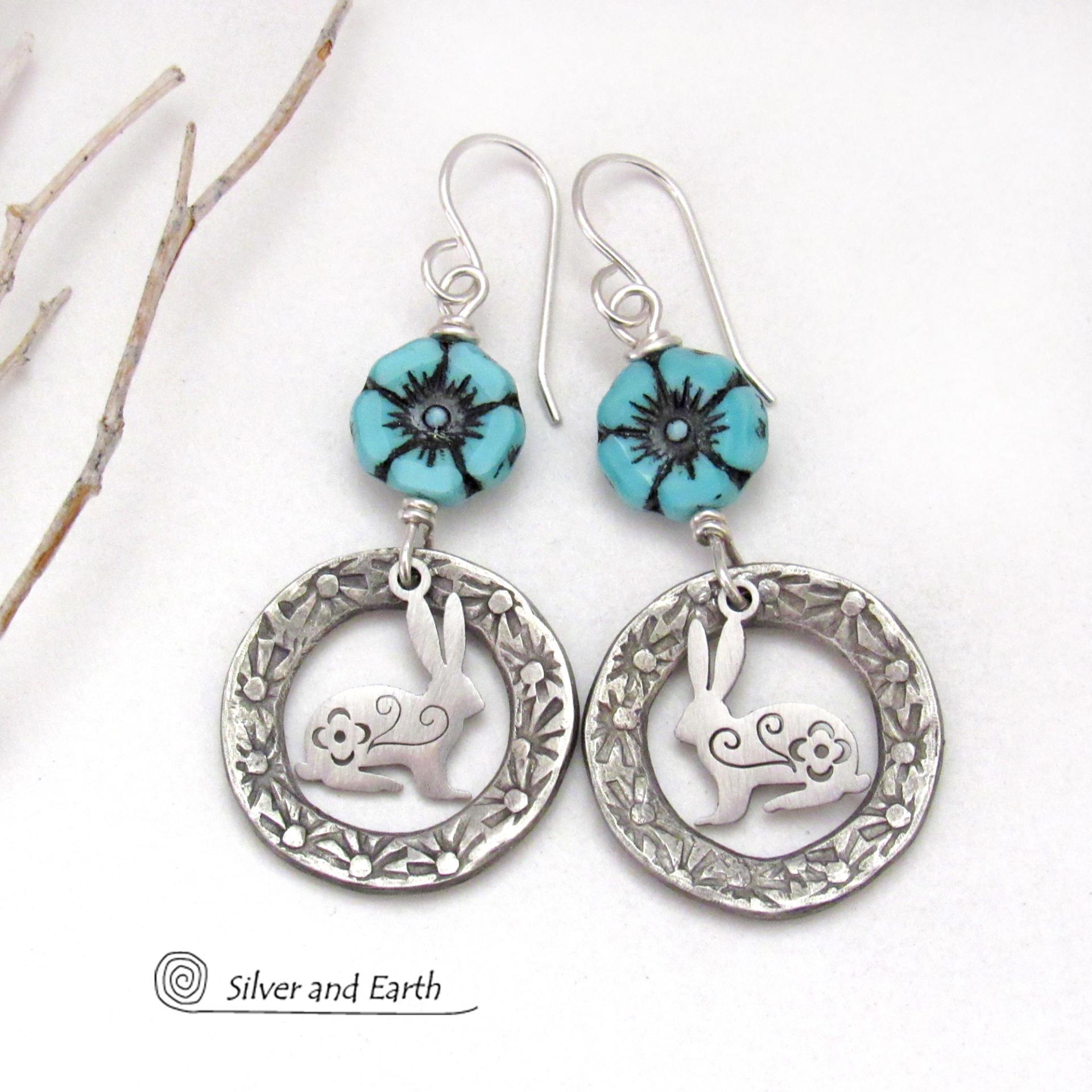 Silver Pewter Circle Hoop Earrings with Blue Flower Beads and Bunny Rabbit Charms - Unique Jewelry Gifts for Flower, Nature & Rabbit Lovers