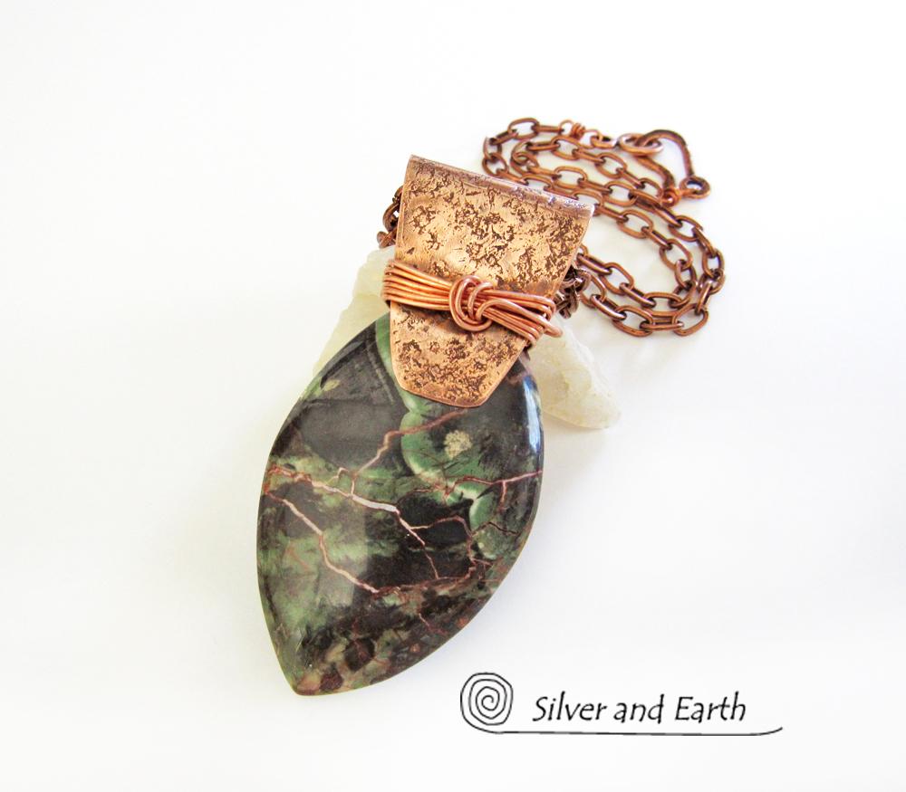 Green Rhyolite Jasper & Copper Necklace - One of  Kind Stone Jewelry