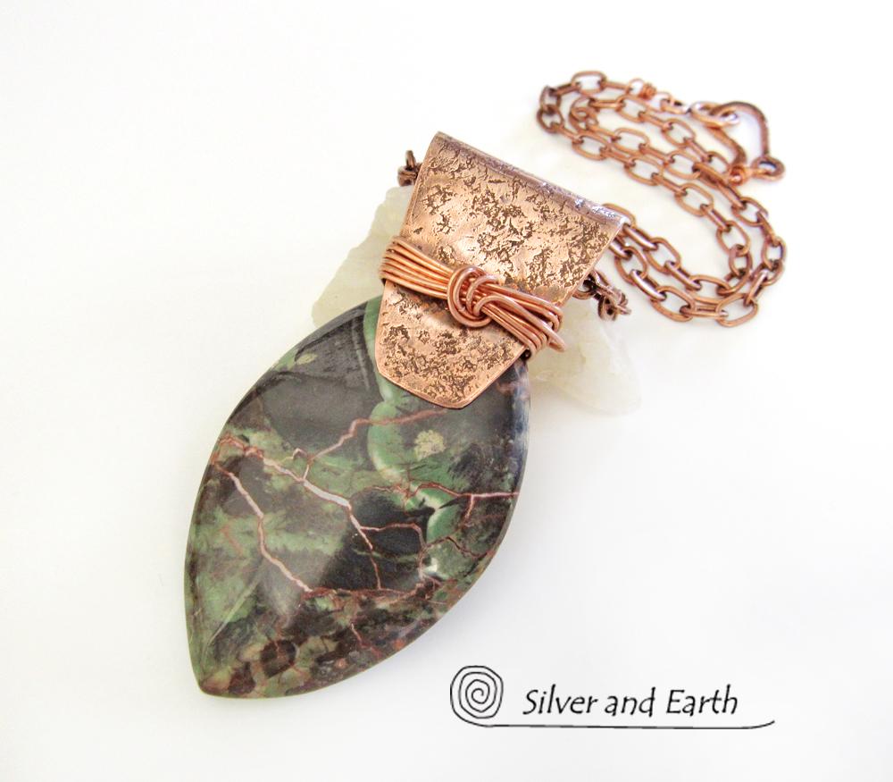 Green Rhyolite Jasper & Copper Necklace - One of  Kind Stone Jewelry