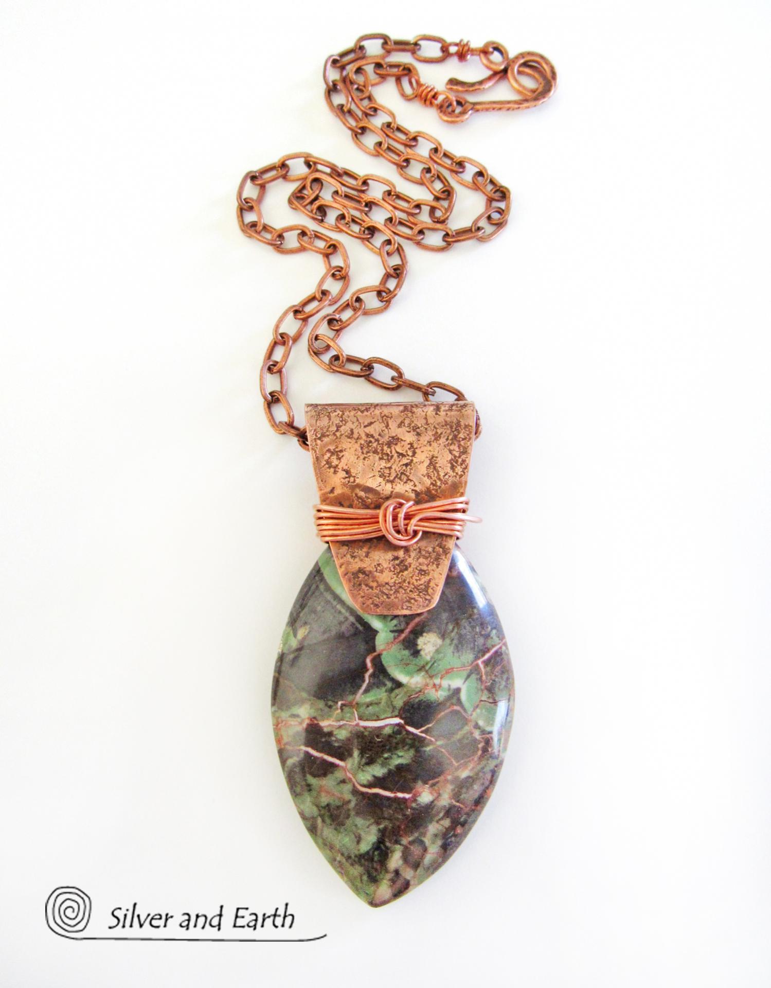 Green Rhyolite Jasper & Copper Necklace - One of  Kind Stone Jewelry