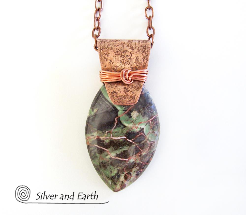 Green Rhyolite Jasper & Copper Necklace - One of  Kind Stone Jewelry