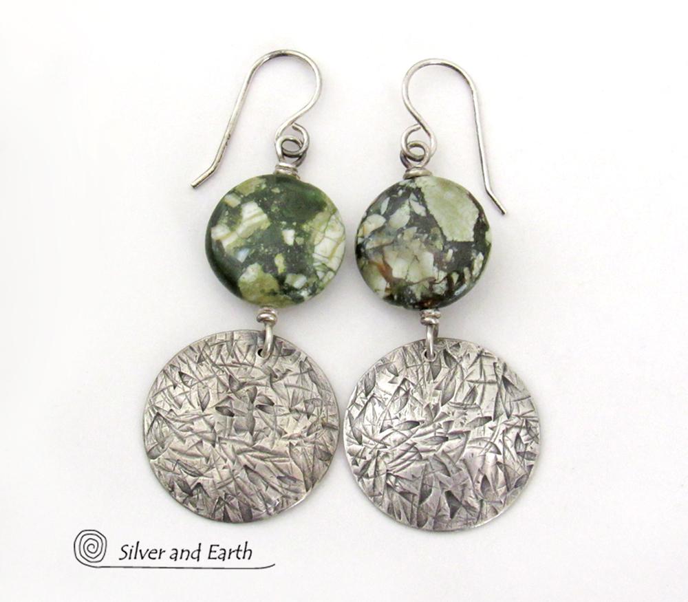 Hand Stamped Sterling Silver Earrings with Earthy Natural Green Rainforest Jasper Stones