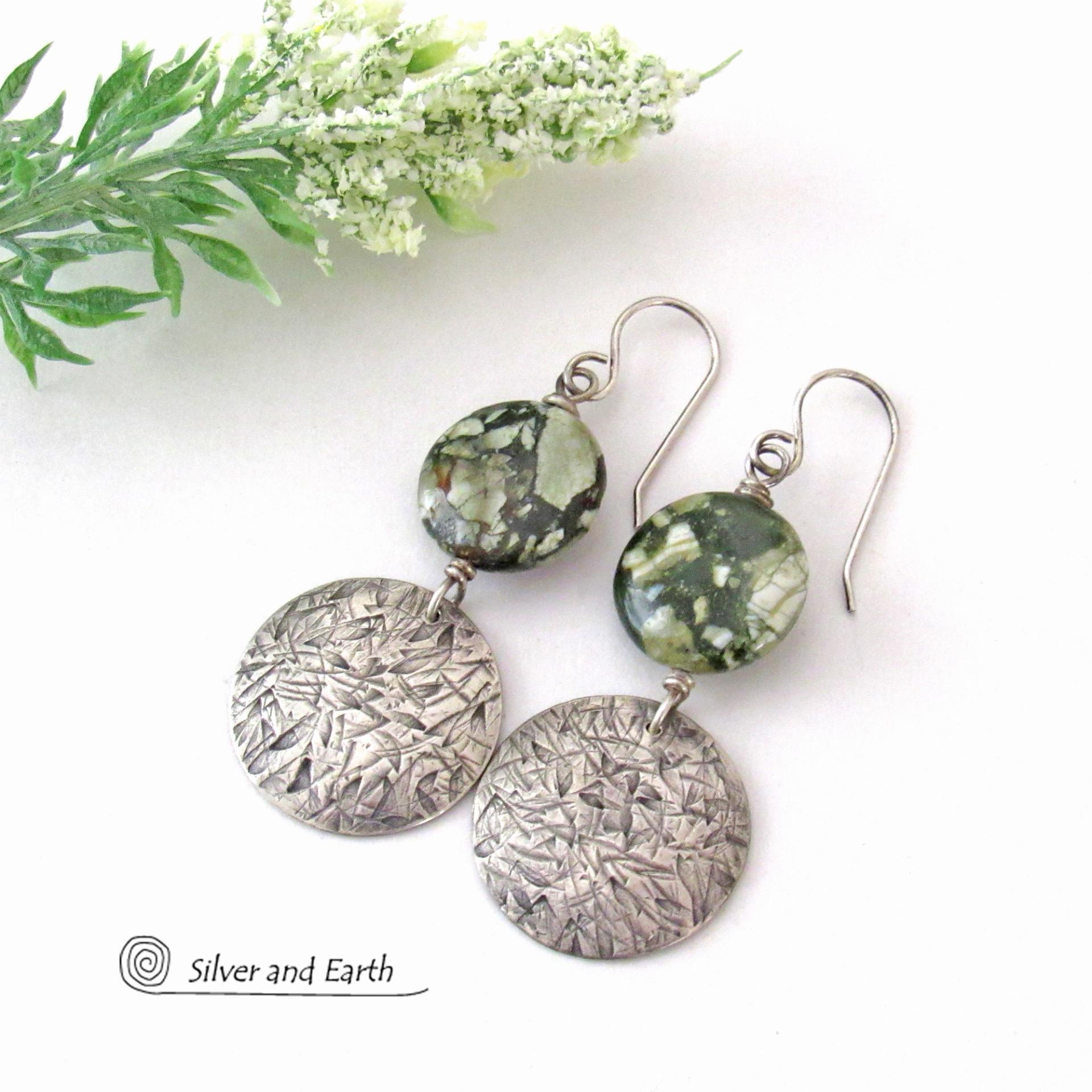 Hand Stamped Sterling Silver Earrings with Earthy Natural Green Rainforest Jasper Stones