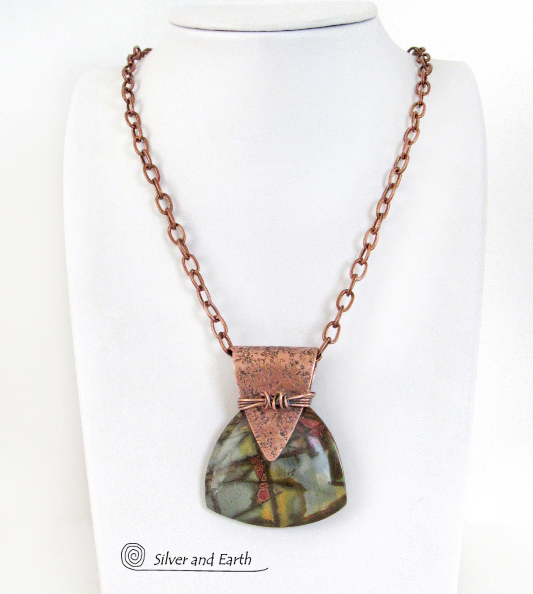 Red Creek Jasper Stone Pendant on Oxidized Copper Chain Necklace - Earthy Natural Gemstone Jewelry