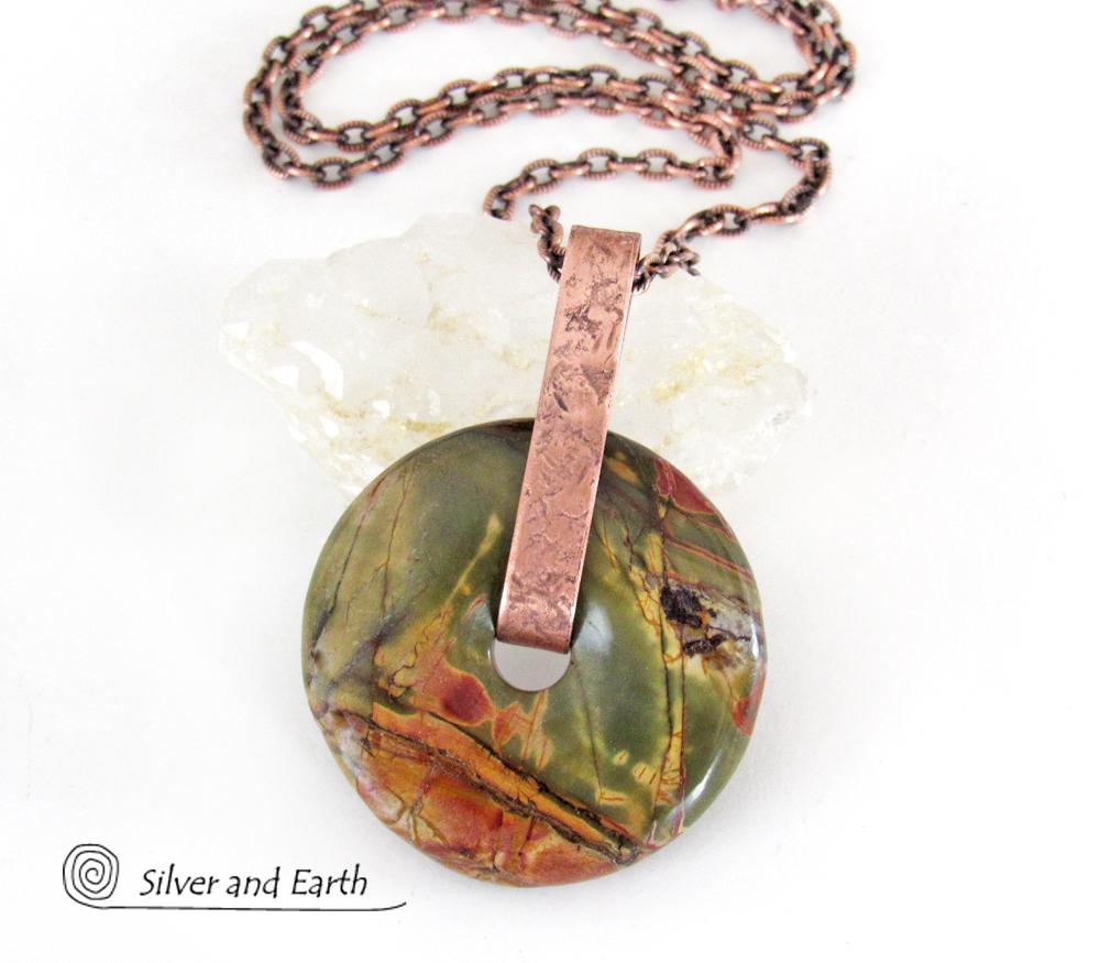 Red Creek Jasper Stone Pendant on Oxidized Copper Chain Necklace - Earthy Natural Gemstone Jewelry