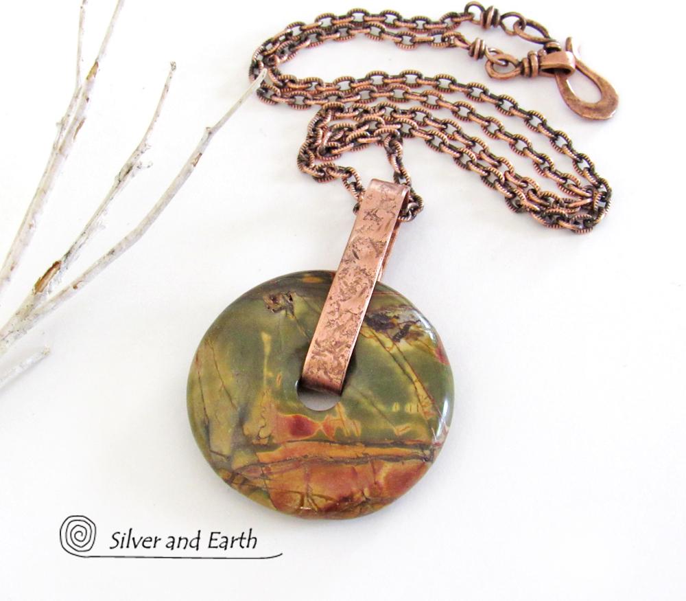 Red Creek Jasper Stone Pendant on Oxidized Copper Chain Necklace - Earthy Natural Gemstone Jewelry