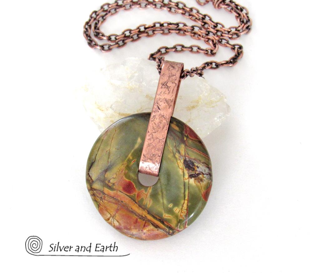 Red Creek Jasper Stone Pendant on Oxidized Copper Chain Necklace - Earthy Natural Gemstone Jewelry