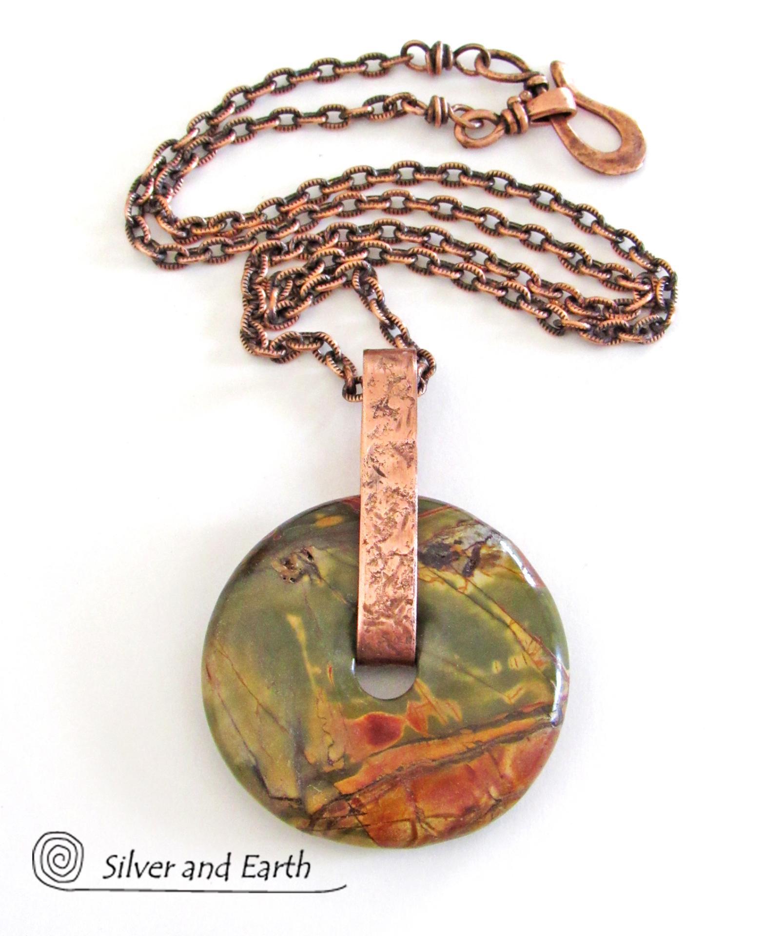 Red Creek Jasper Stone Pendant on Oxidized Copper Chain Necklace - Earthy Natural Gemstone Jewelry