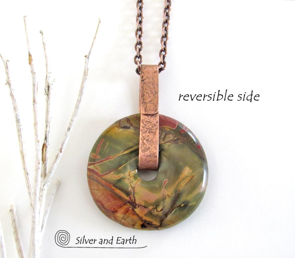 Red Creek Jasper Stone Pendant on Oxidized Copper Chain Necklace - Earthy Natural Gemstone Jewelry