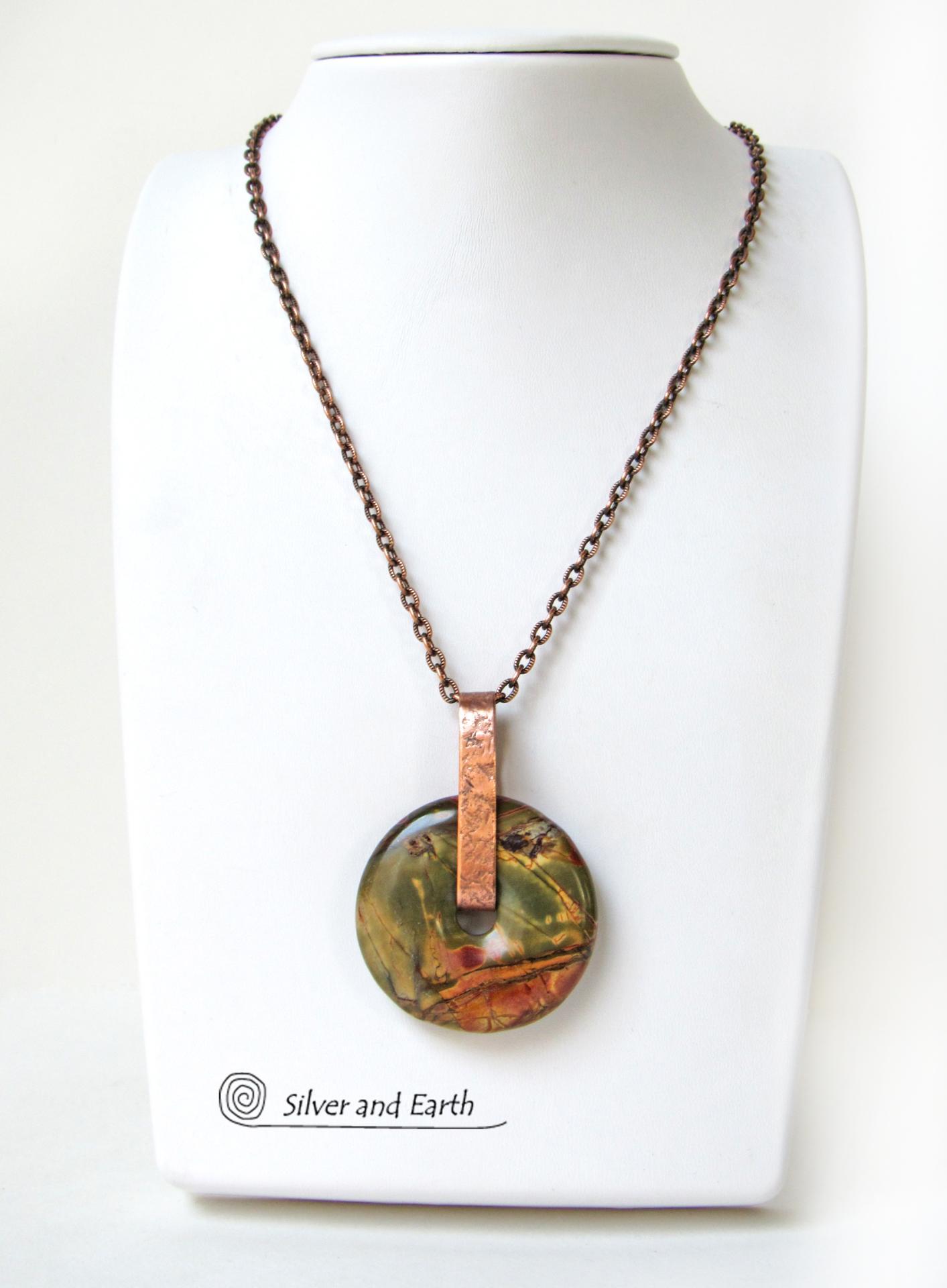 Red Creek Jasper Stone Pendant on Oxidized Copper Chain Necklace - Earthy Natural Gemstone Jewelry