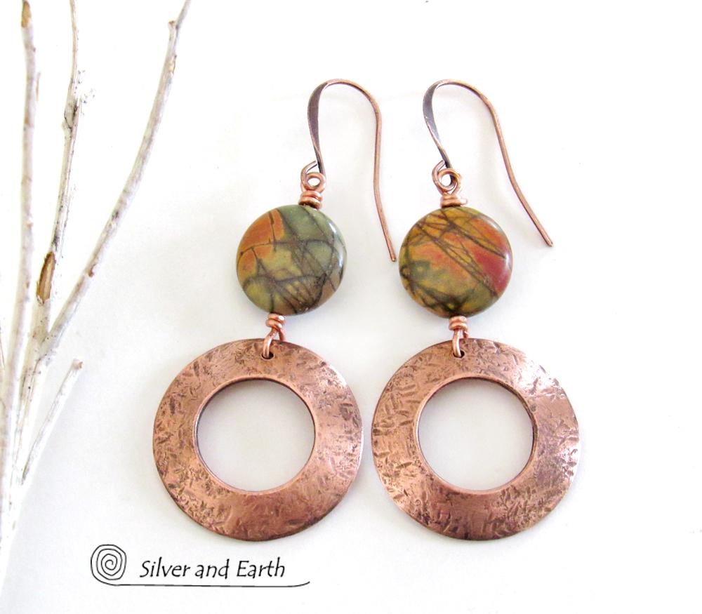 Round Copper Dangle Earrings with Red Creek Jasper Stones - Handmade Natural Earthy Stone Jewelry