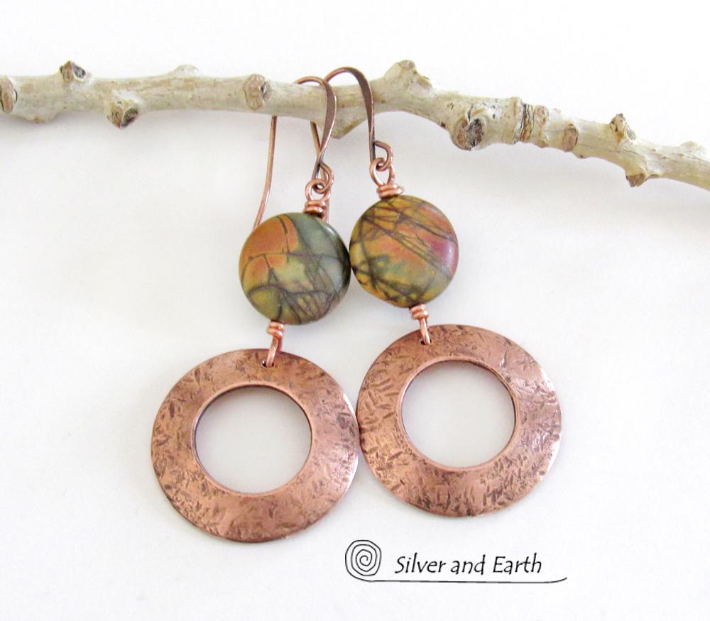 Round Copper Dangle Earrings with Red Creek Jasper Stones - Handmade Natural Earthy Stone Jewelry