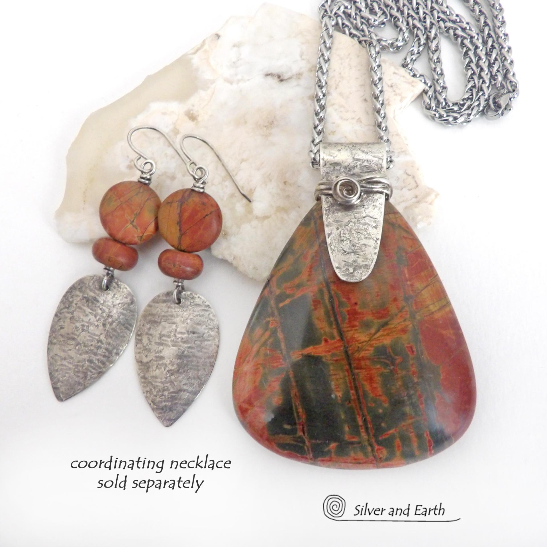 Sterling Silver Dangle Earrings with Natural Red Creek Jasper Stones