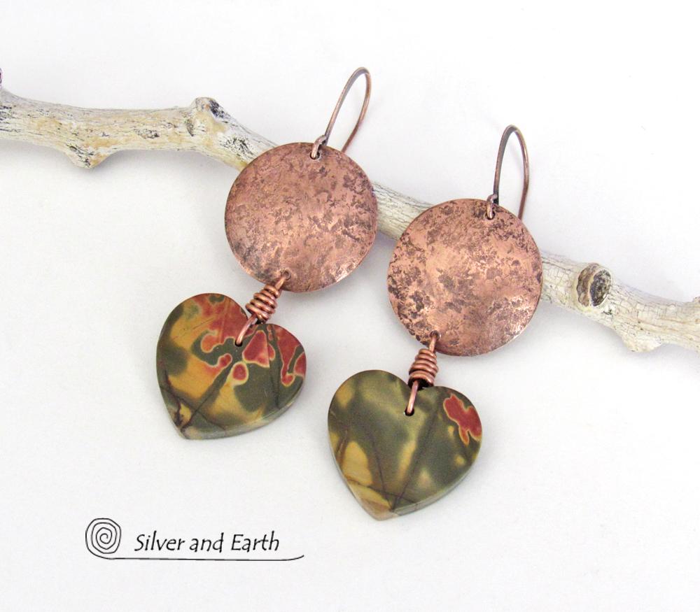 Cherry Creek Jasper Heart Earrings with Copper - Earthy Natural Stone Jewelry Gifts for Women