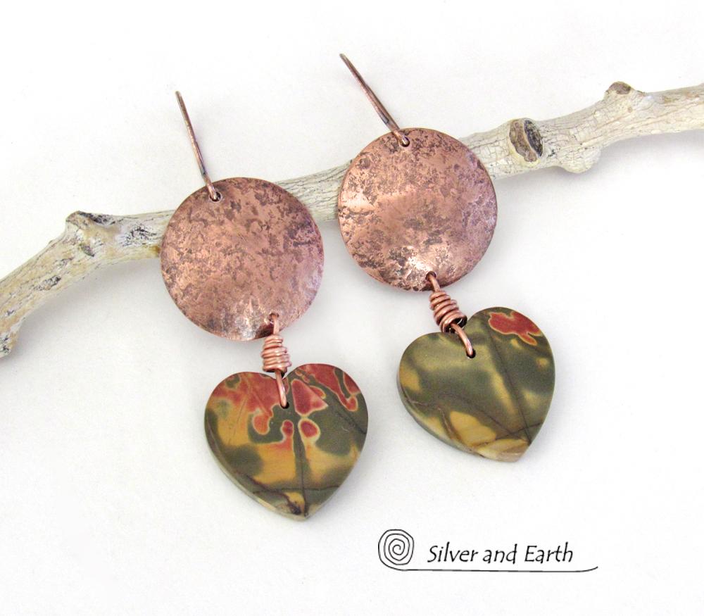 Cherry Creek Jasper Heart Earrings with Copper - Earthy Natural Stone Jewelry Gifts for Women