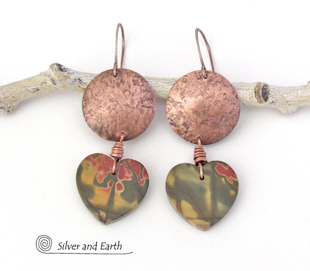 Cherry Creek Jasper Heart Earrings with Copper - Earthy Natural Stone Jewelry Gifts for Women