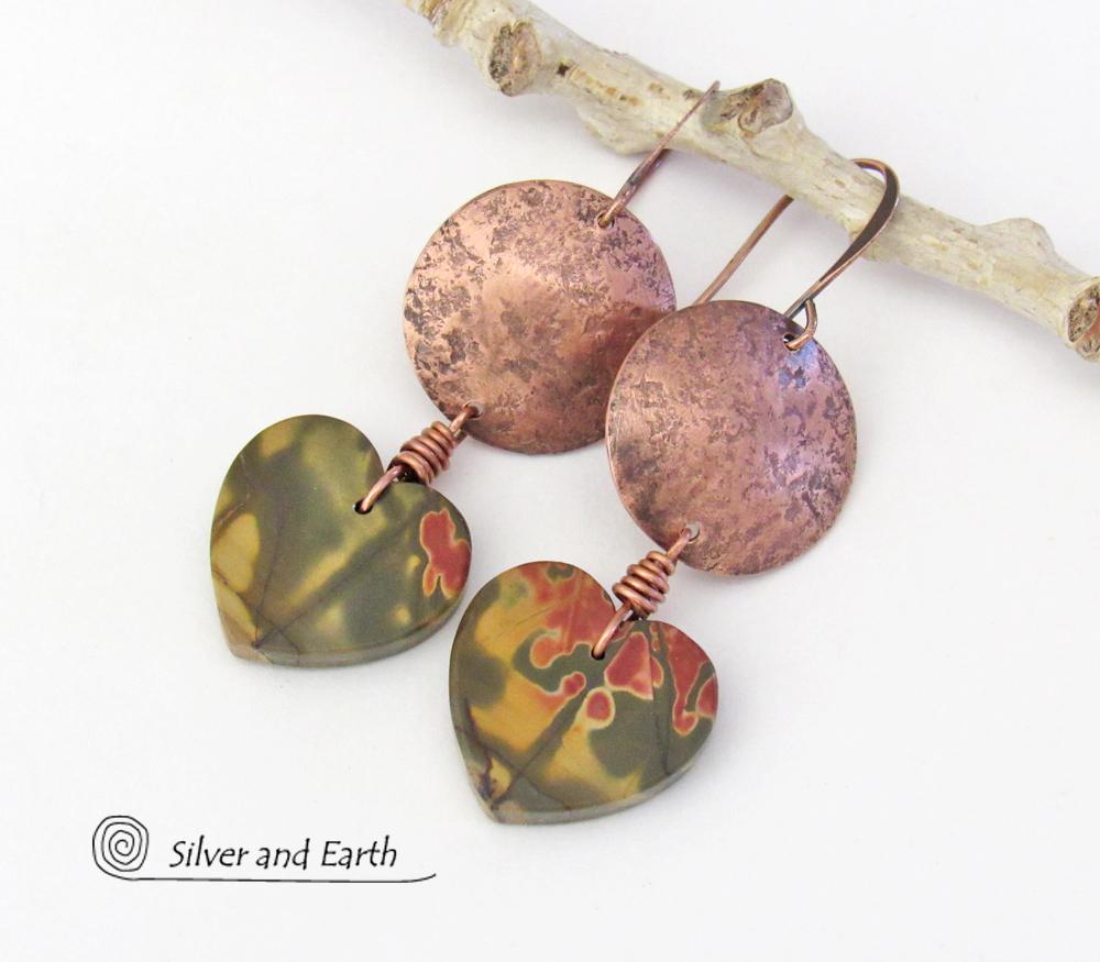 Cherry Creek Jasper Heart Earrings with Copper - Earthy Natural Stone Jewelry Gifts for Women