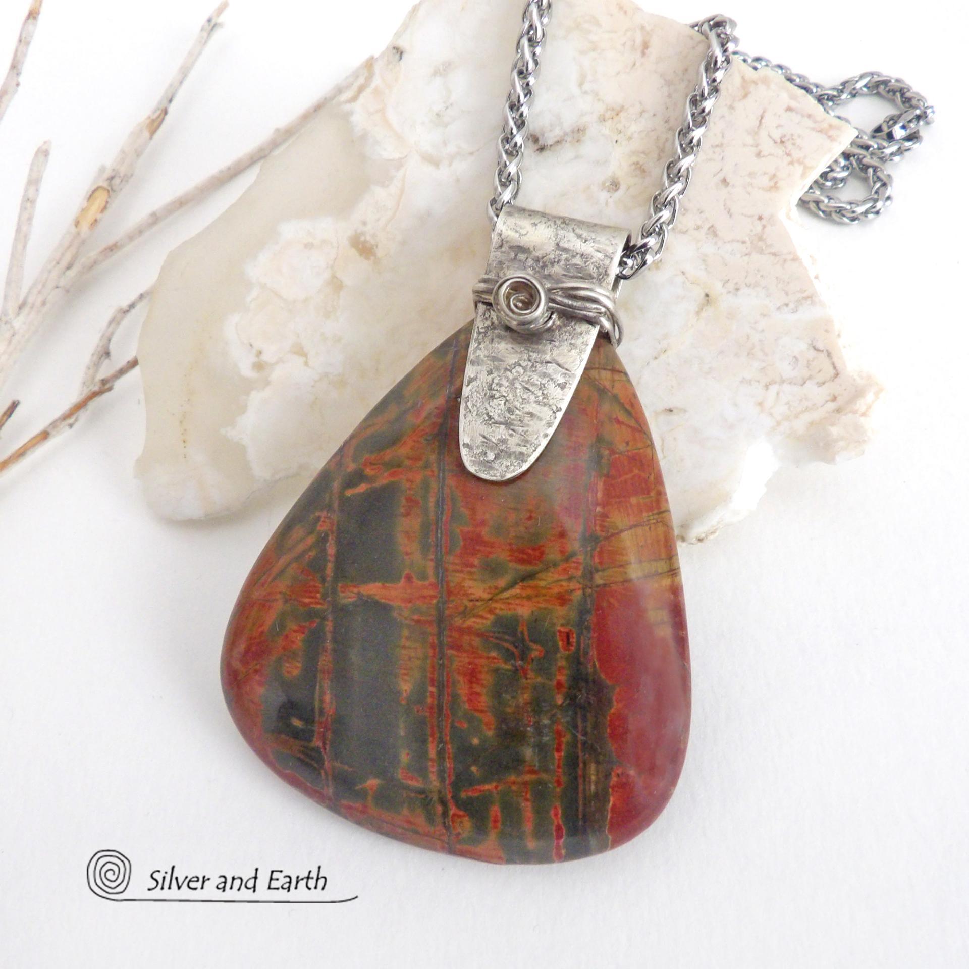 Large Red Creek Jasper Stone Sterling Silver Necklace 