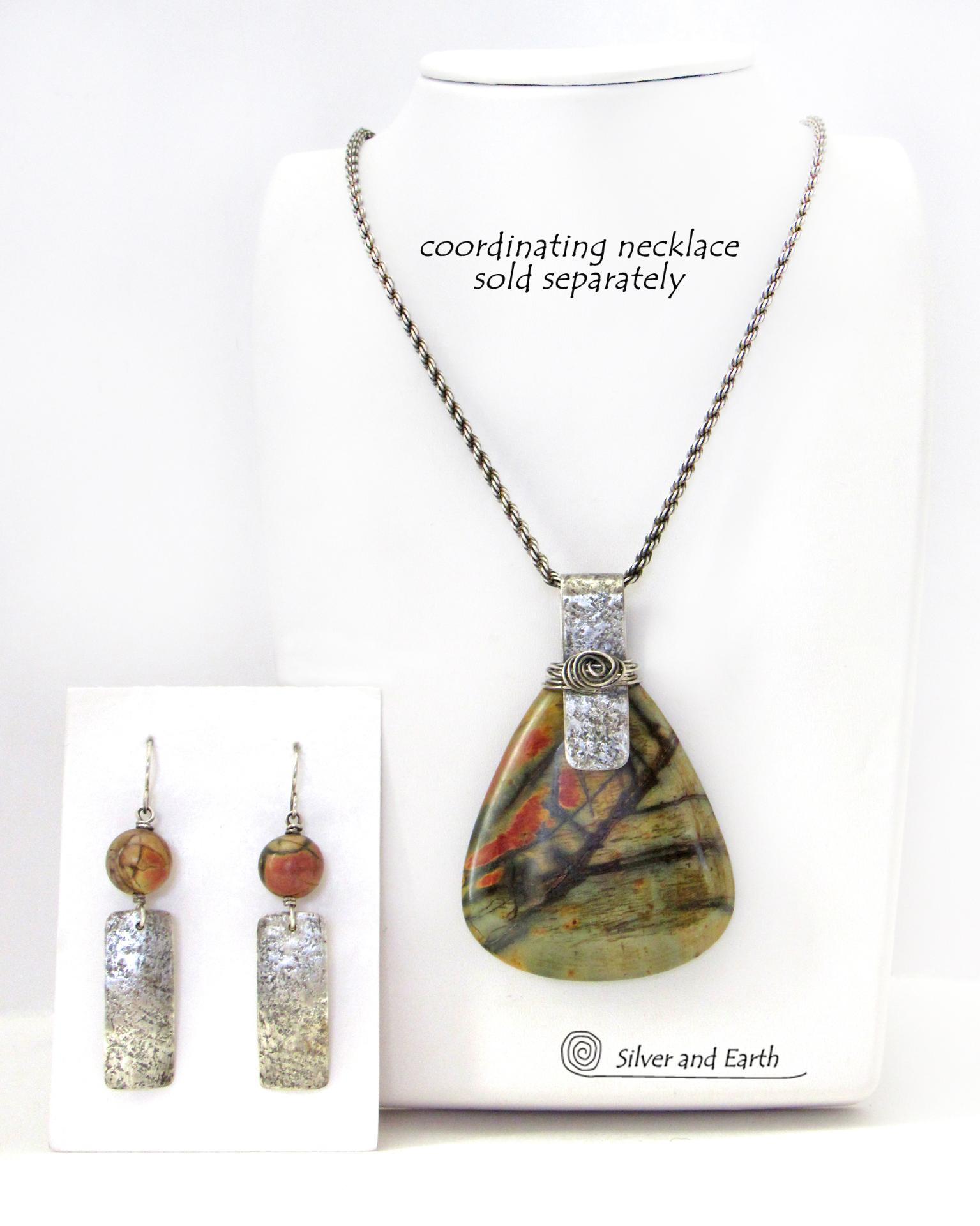 Sterling Silver Earrings with Red Creek Jasper Stones - Earthy Natural Stone Jewelry