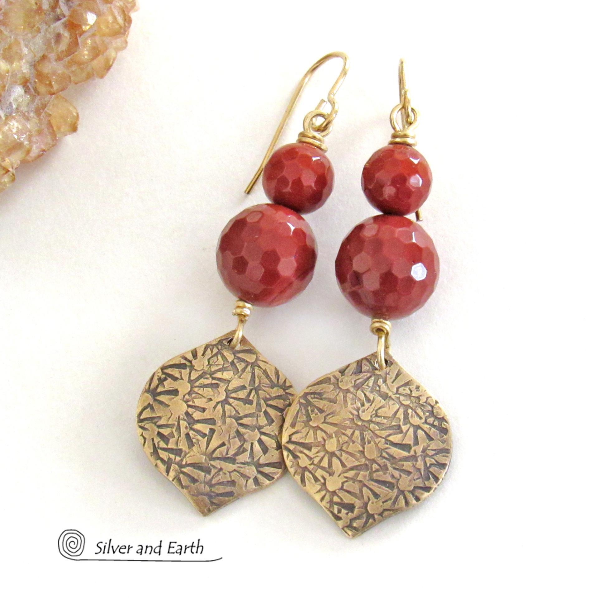 Red Jasper & Gold Brass Dangle Earrings - Elegant Modern Chic Faceted Gemstone Jewelry