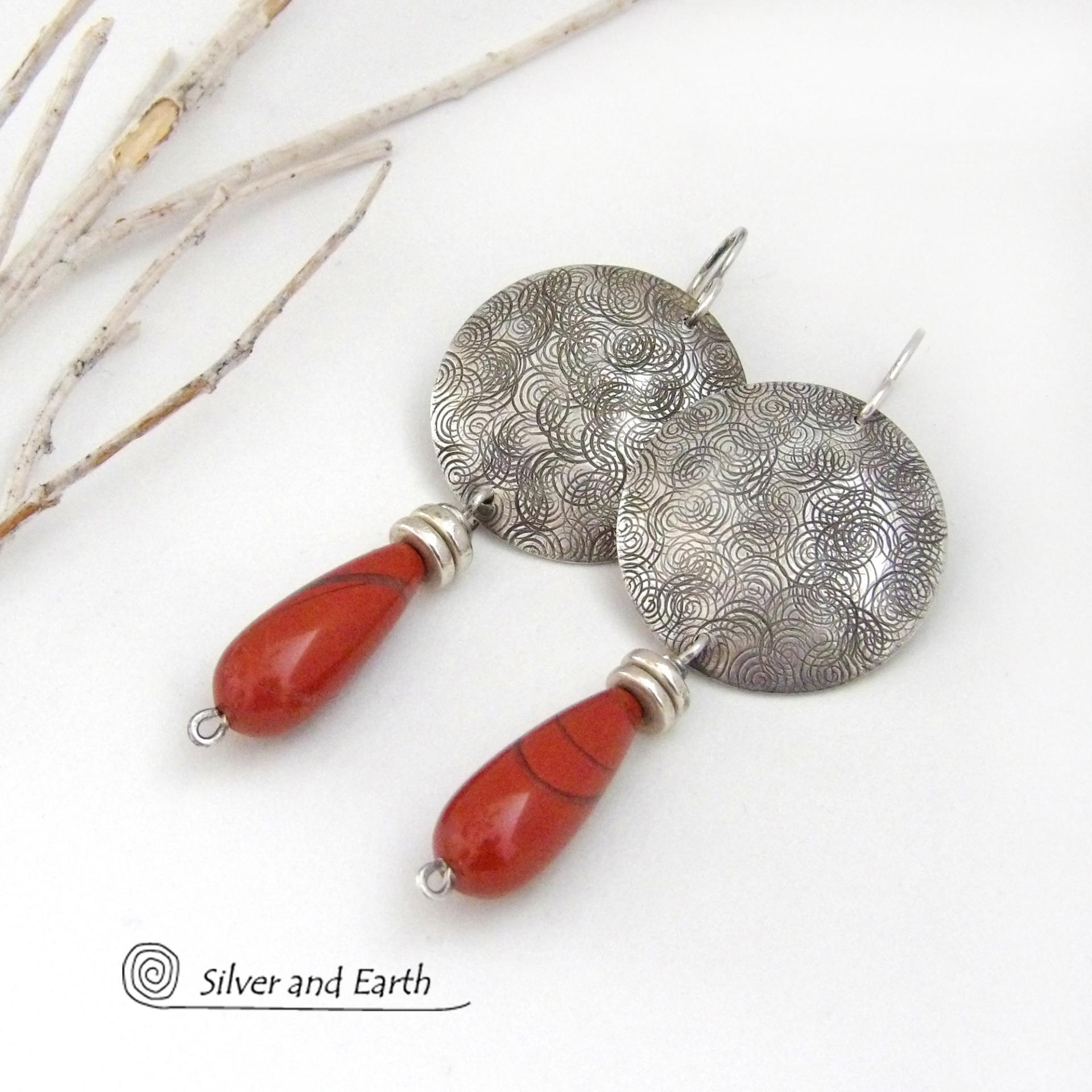 Textured Sterling Silver Earrings with Red Jasper Stones - Bold Modern Handcrafted Jewelry