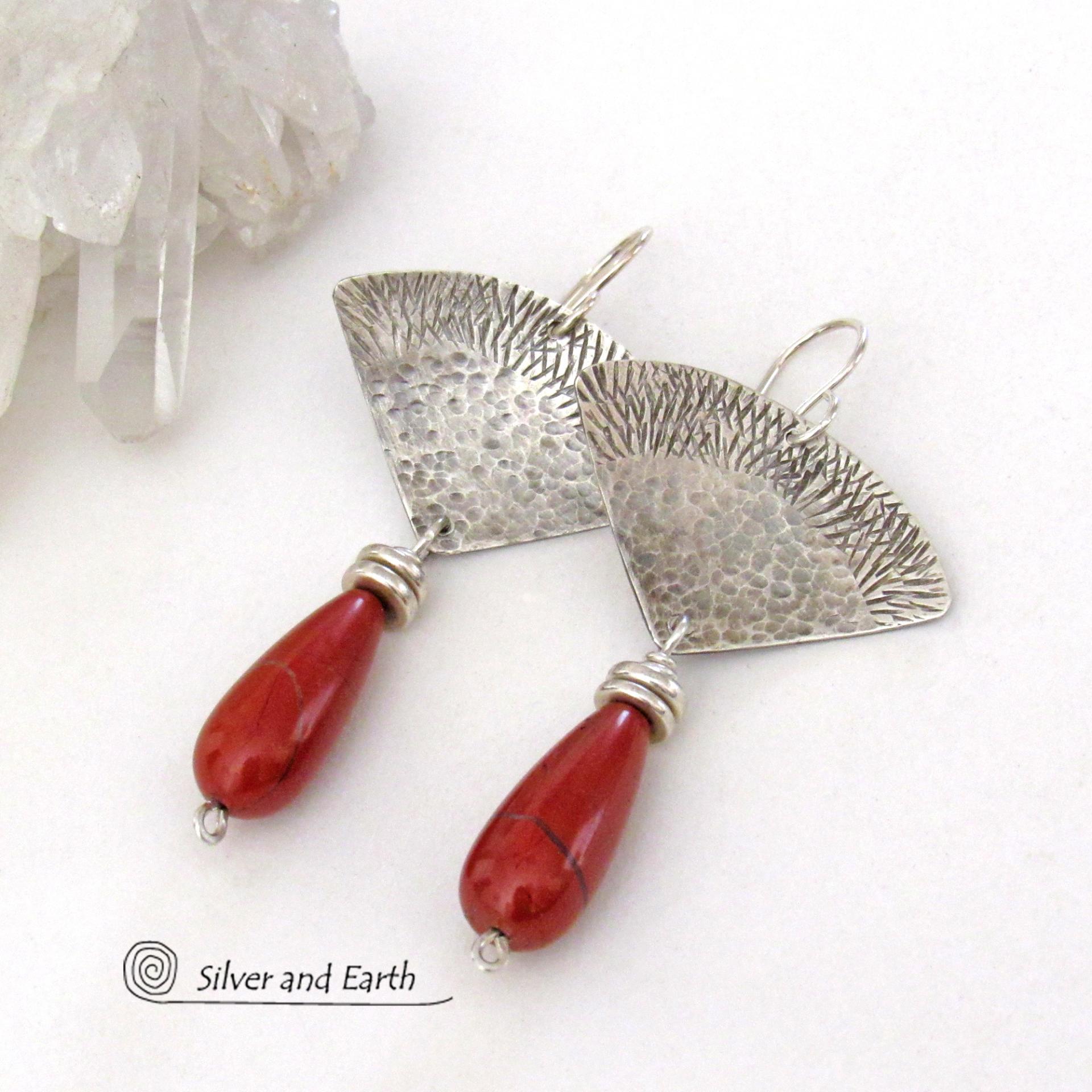 Textured Sterling Silver Earrings with Red Jasper Gemstones - Handcrafted Modern Silver Jewelry