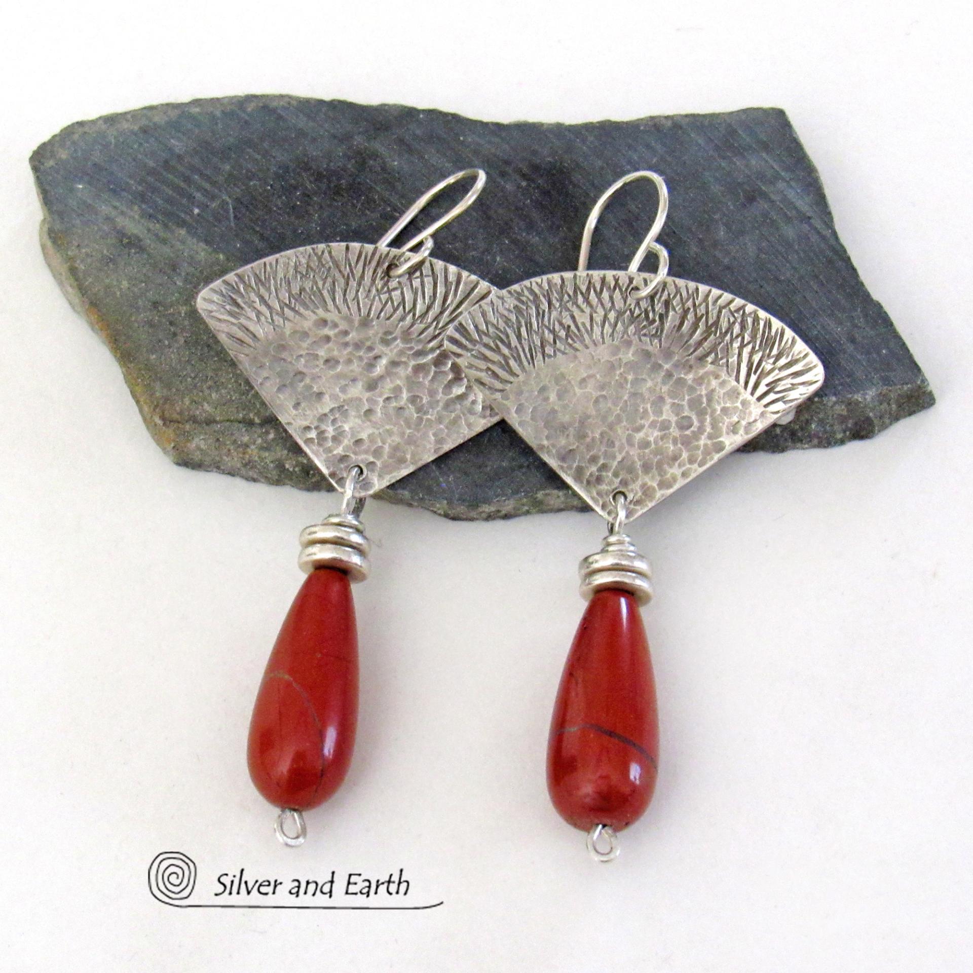 Textured Sterling Silver Earrings with Red Jasper Gemstones - Handcrafted Modern Silver Jewelry