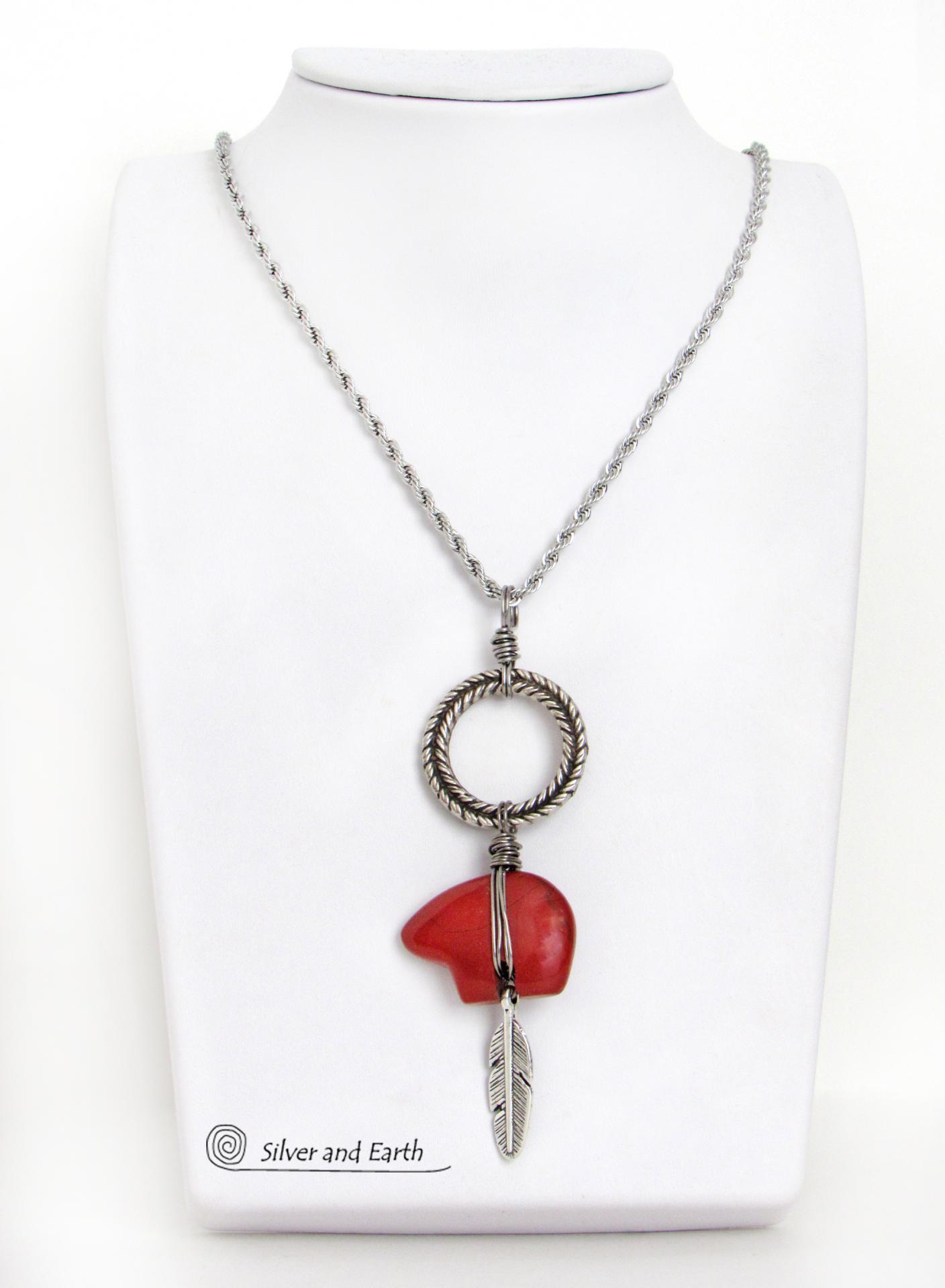 Zuni Bear Red Jasper Dreamcatcher Necklace with Silver Pewter Circle & Feather - Southwestern Style Jewelry 