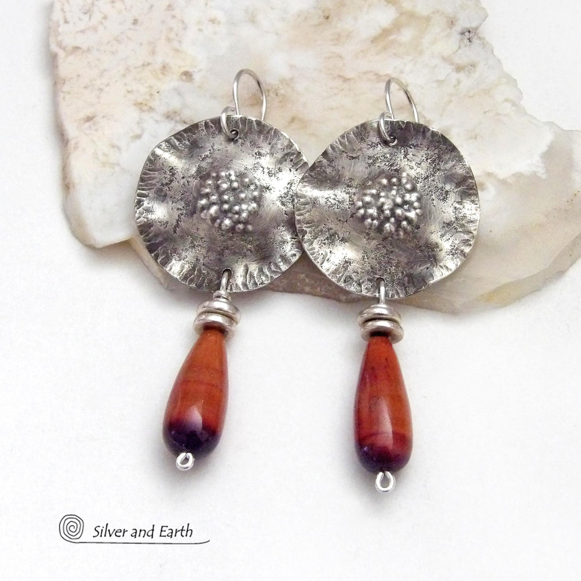 Textured Sterling Silver Earrings with Dangling Red Tigers Eye Stones - Unique Handmade Sterling Jewelry
