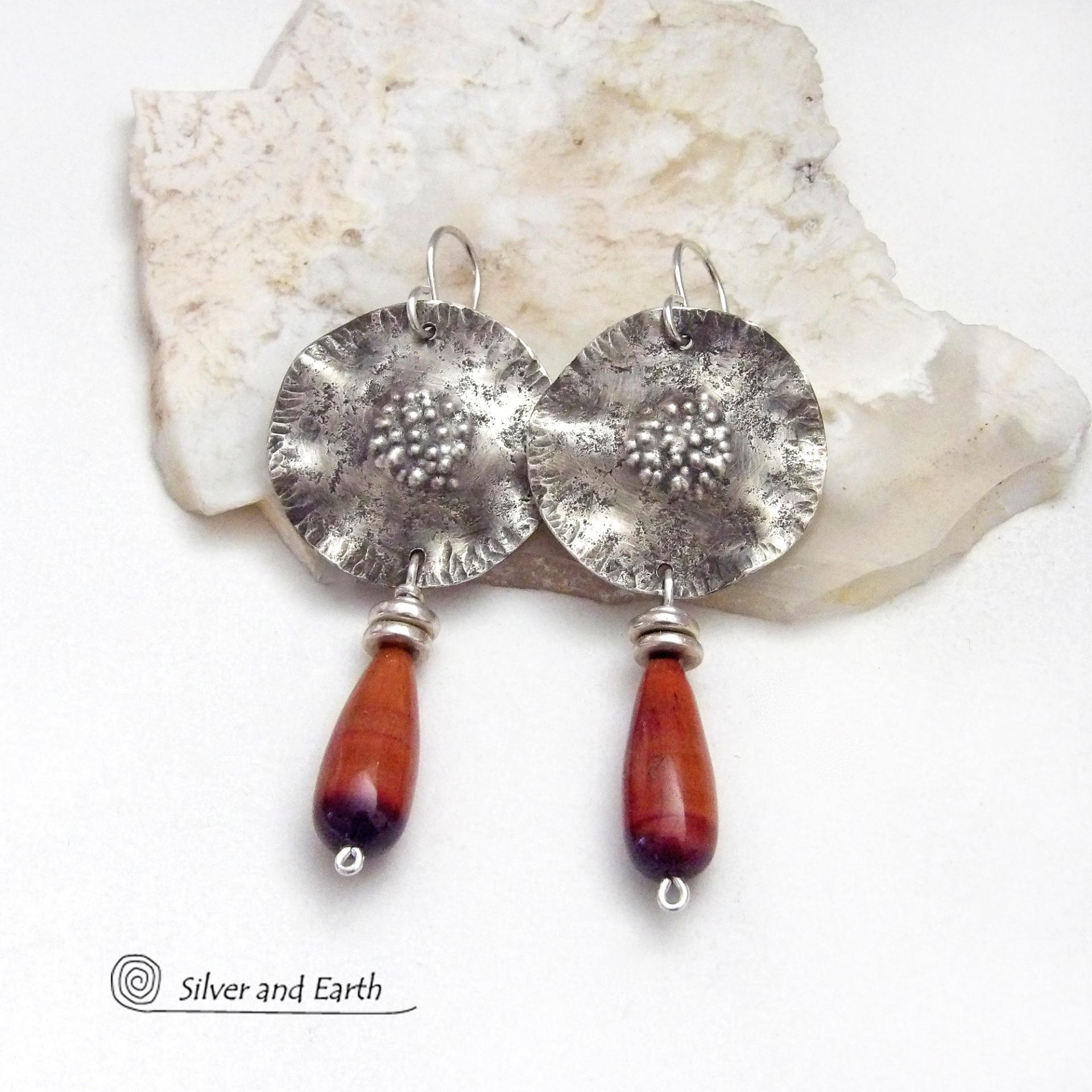Textured Sterling Silver Earrings with Dangling Red Tigers Eye Stones - Unique Handmade Sterling Jewelry