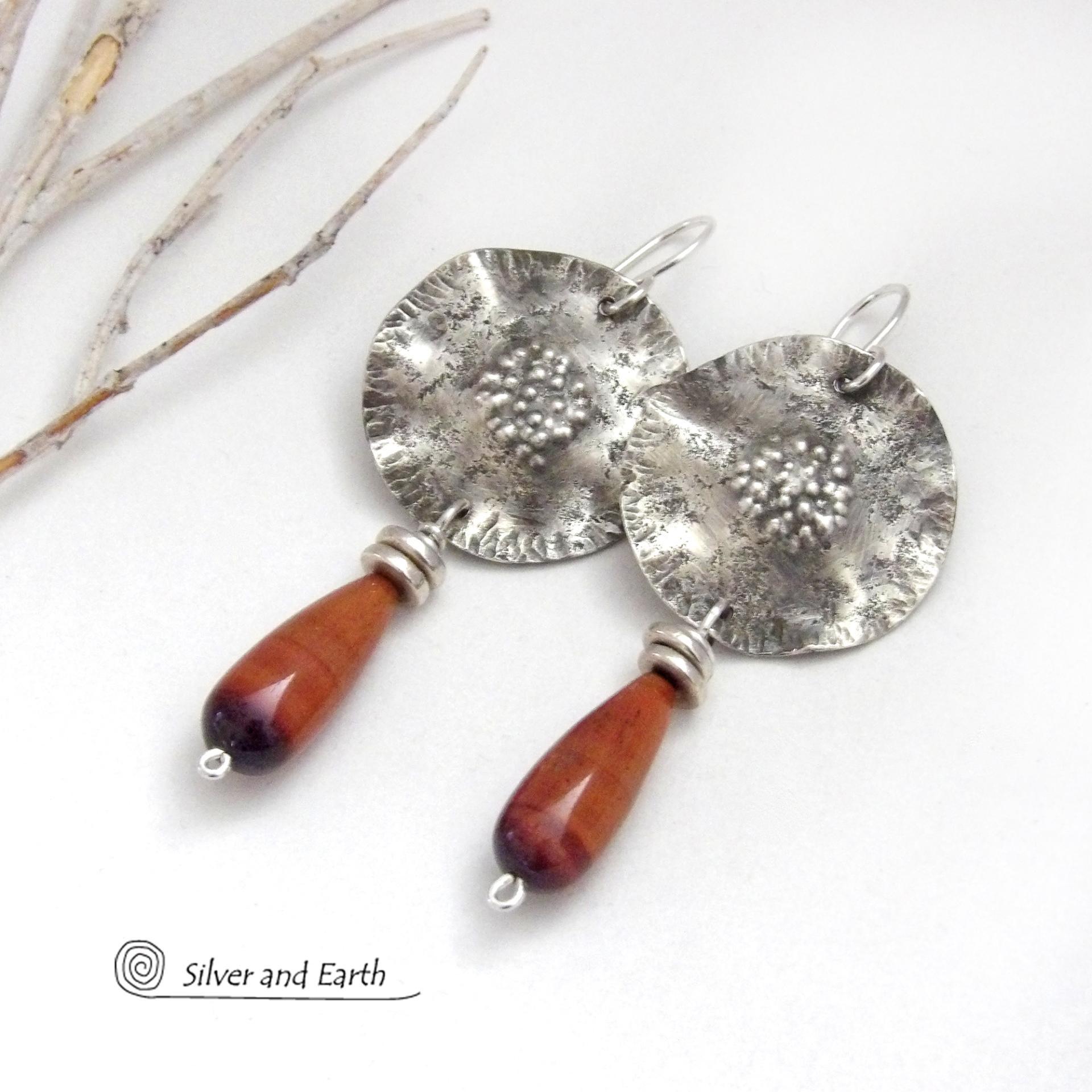 Textured Sterling Silver Earrings with Dangling Red Tigers Eye Stones - Unique Handmade Sterling Jewelry