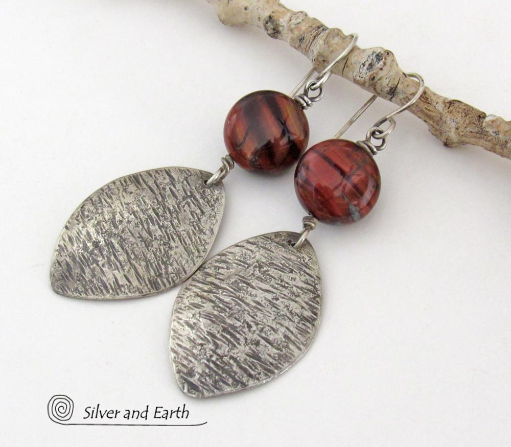 Textured Sterling Silver Earrings with Red Tiger's Eye Stones - Earthy Natural Gemstone Jewelry